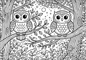 Duo of owls in the night forest (Coloring Page)