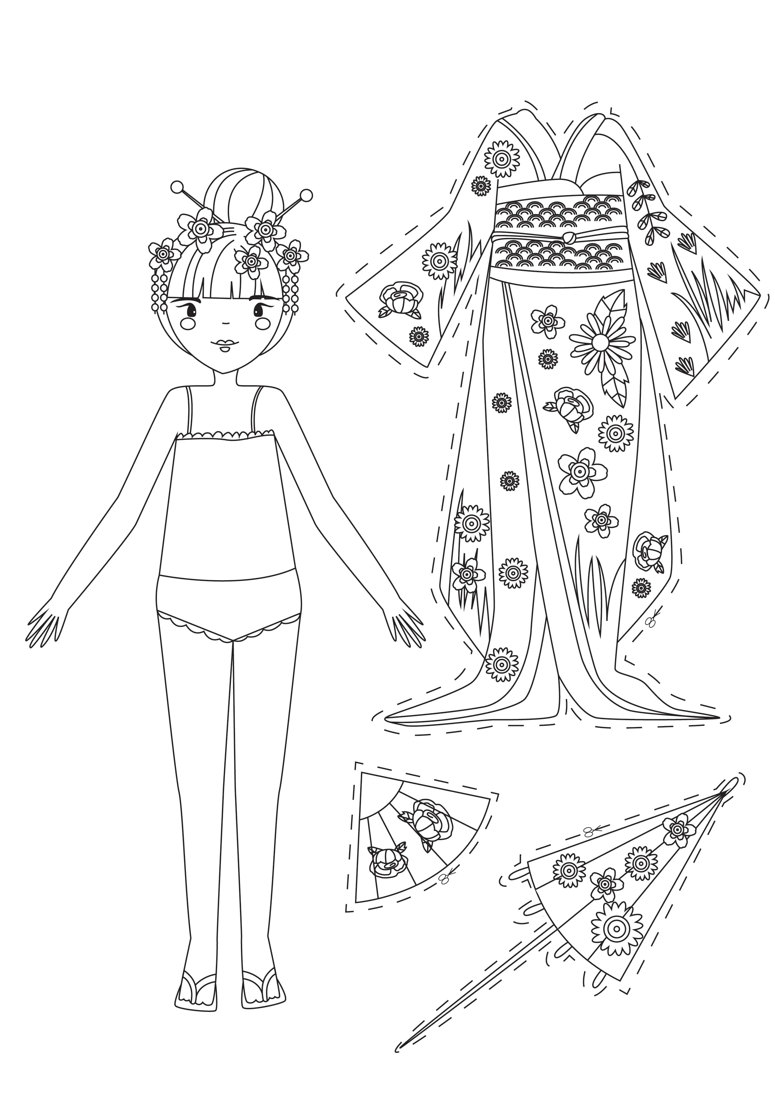 Chinese Paper Dolls with a beautiful kimono (Printable Coloring Page for Kids)