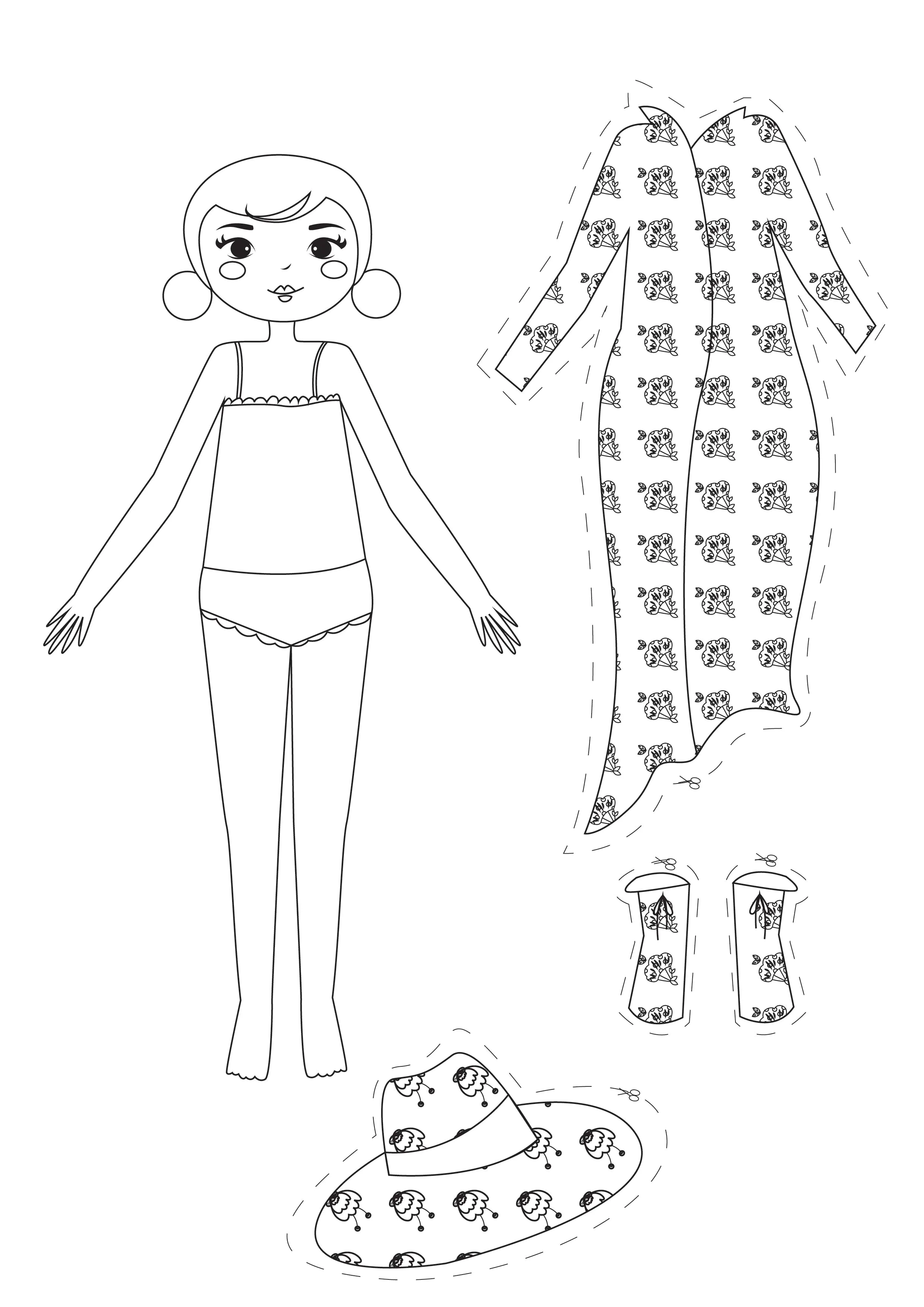 Paper dolls with a floral dress (Printable Coloring Page for Kids)