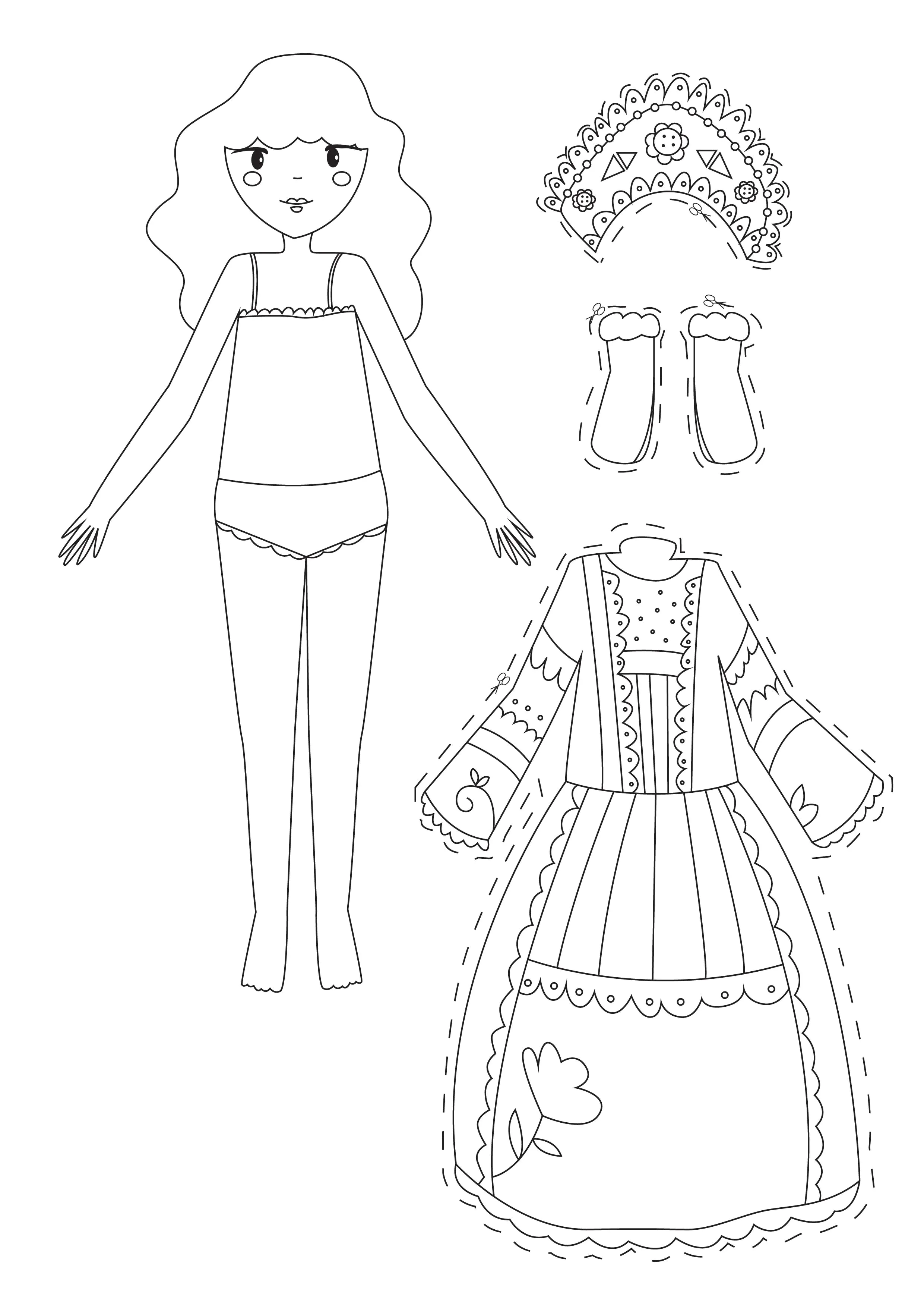 Russian Paper Dolls with a beautiful dress (Printable Coloring Page for Kids)