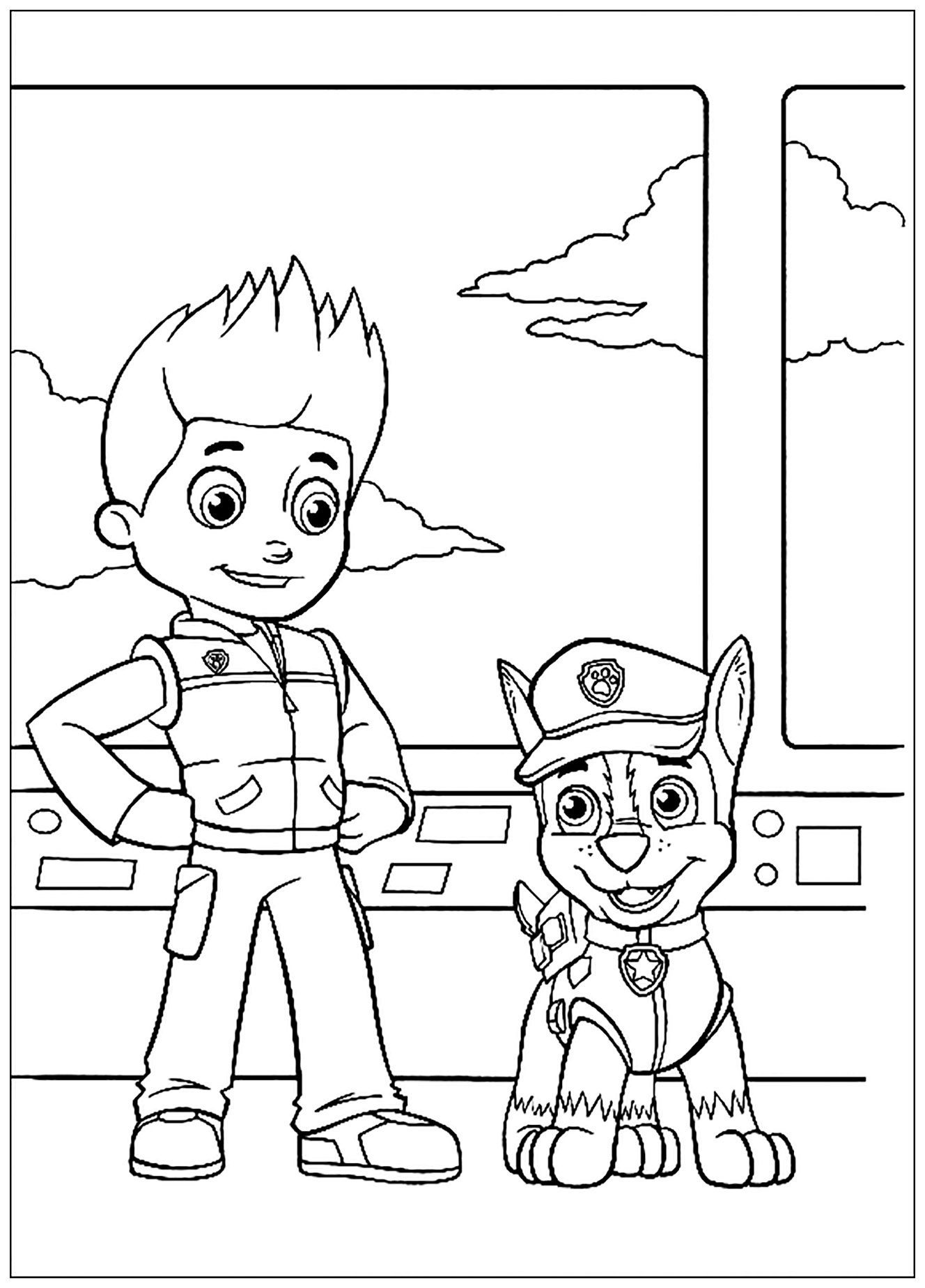 Patrol image to print and color: Ryder and Chase the German Shepherd