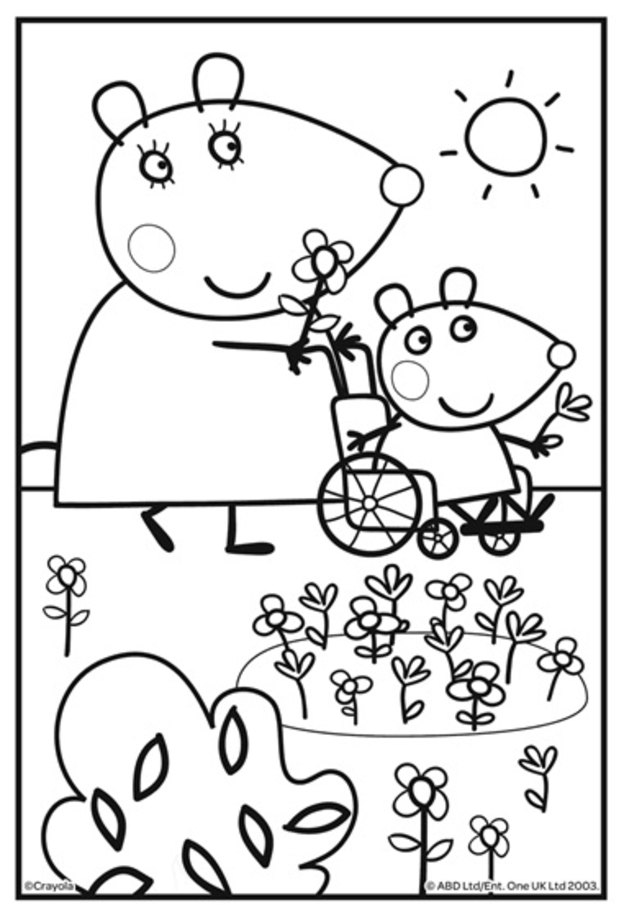 Peppa pig has hurt himself! His dad pushes him in a wheelchair