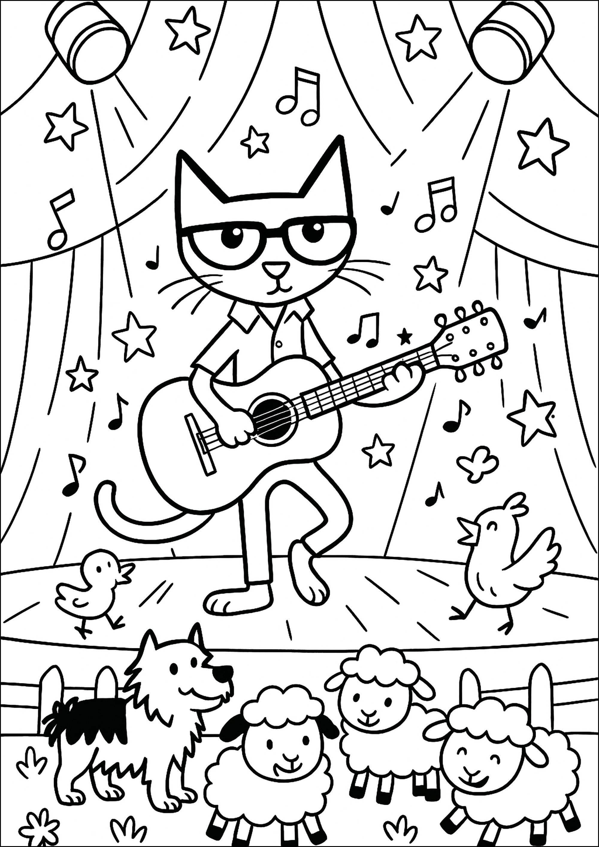 Pete in concert in front of animals (Printable Pete the Cat Coloring Page for Kids)