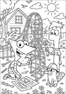 Building a fun roller coaster (Phineas And Ferb Coloring Page)