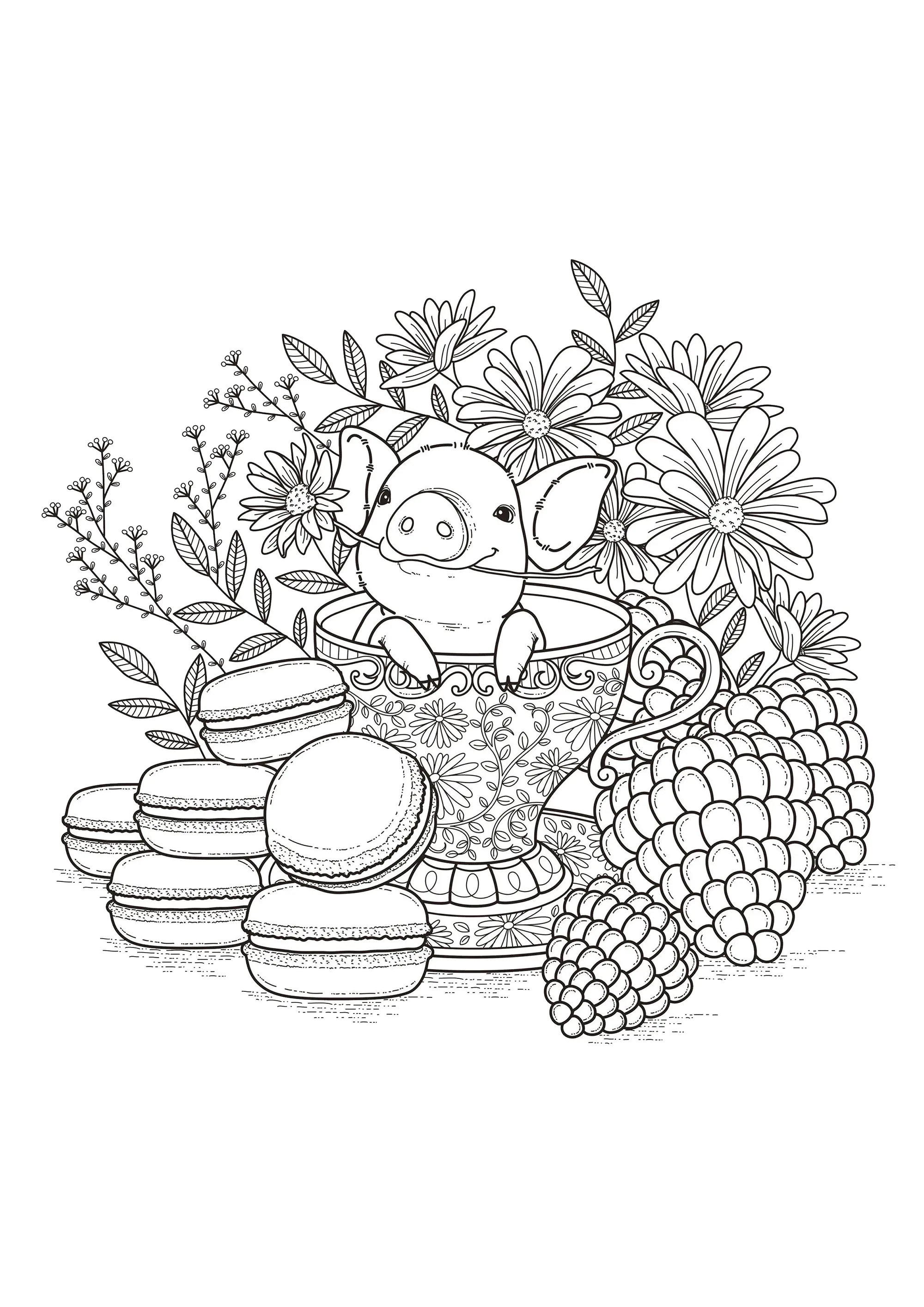 Pig in a coffee cup (Printable Coloring Page for Kids)