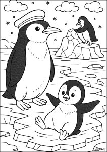 Playful penguins on the ice floe (Coloring Page)