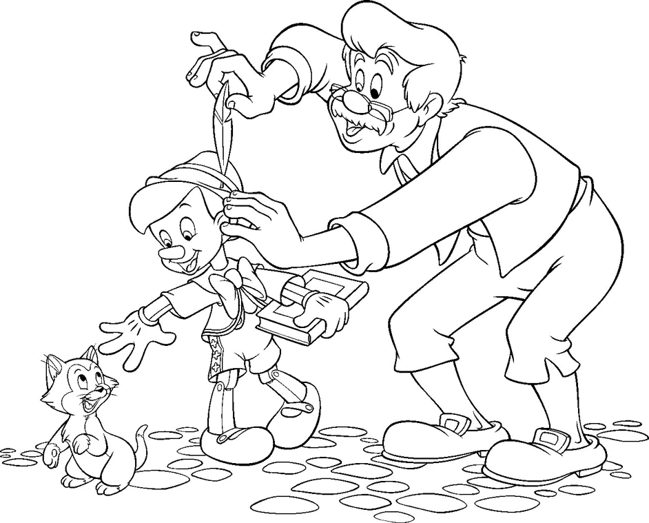 Pinocchio's "dad" Gepetto and a little cat (Printable Coloring Page for Kids)