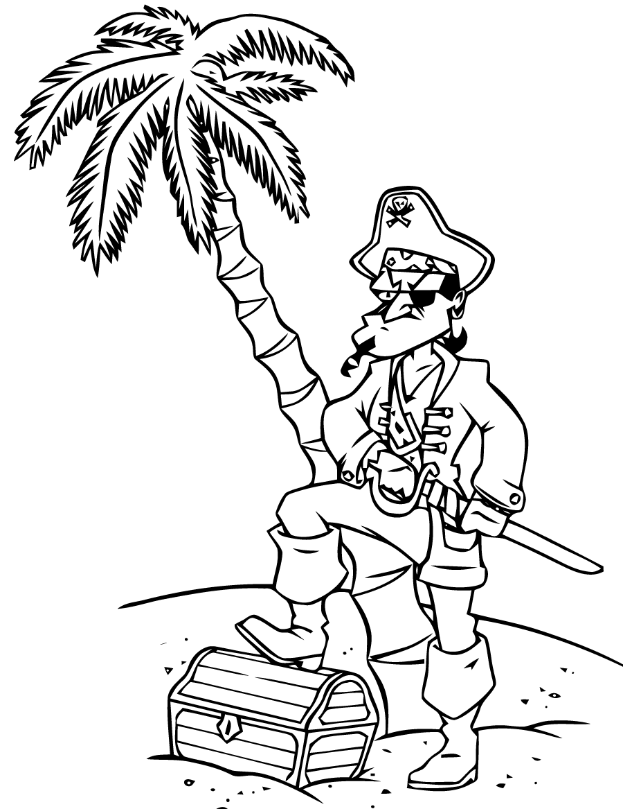 Coloring of a pirate on a desert island, with a treasure under his foot