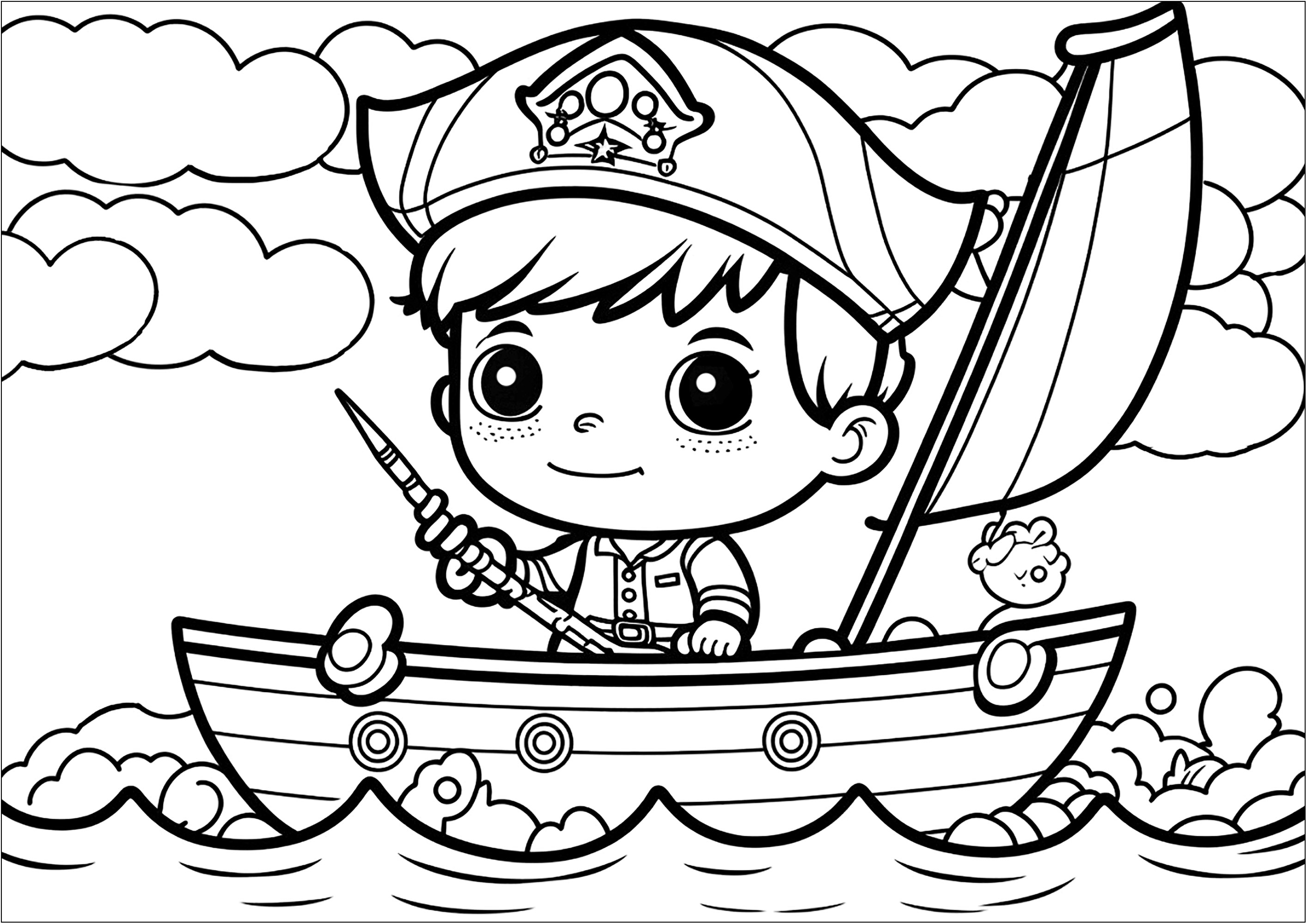 Simple coloring page of a Kawaii style pirate on his boat. This coloring page is perfect for kids who love pirates and Kawaii style! The drawing represents a little pirate smiling on top of his boat.
