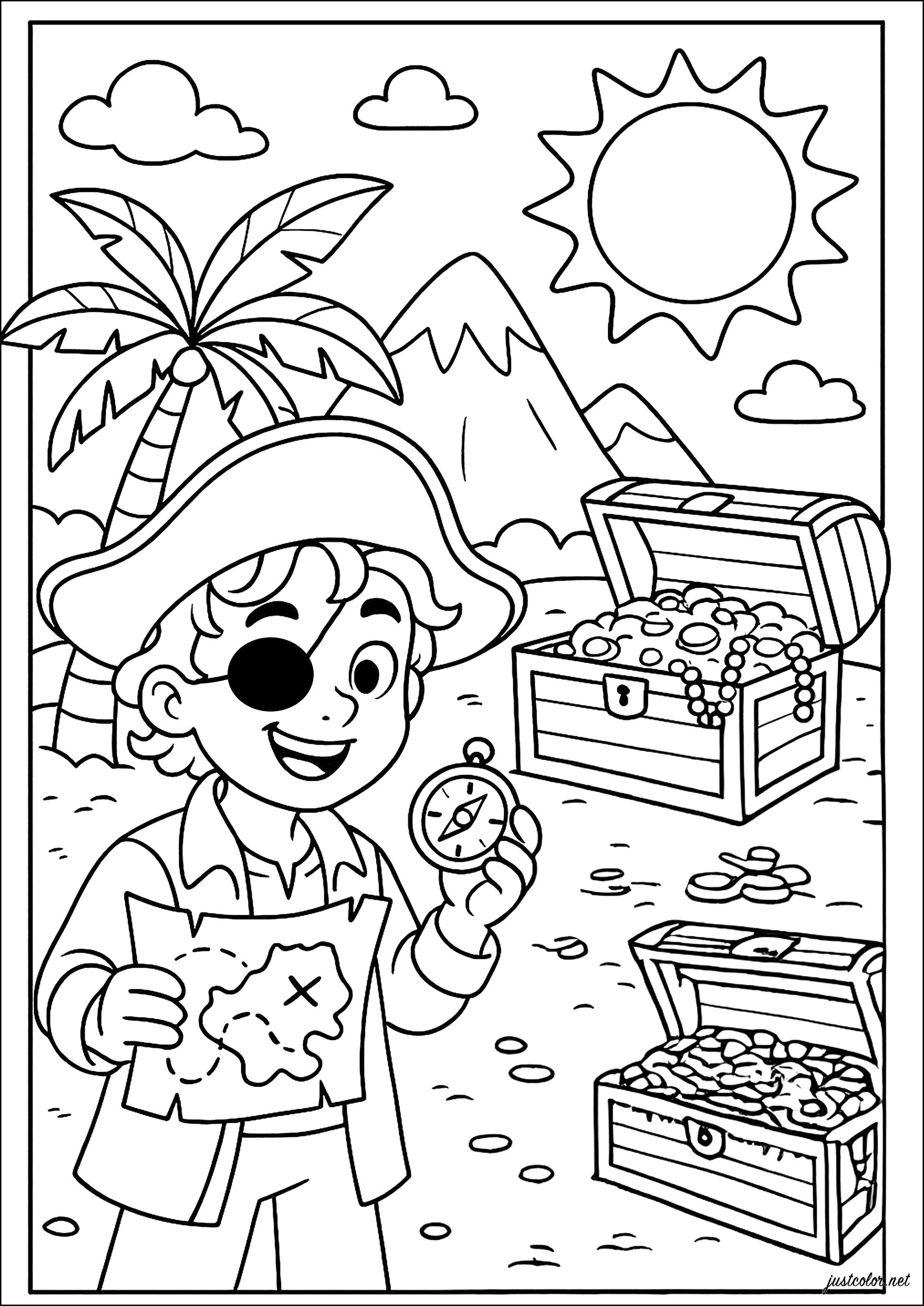 Adventure on a mysterious island (Printable Pirate Coloring Page for Kids)