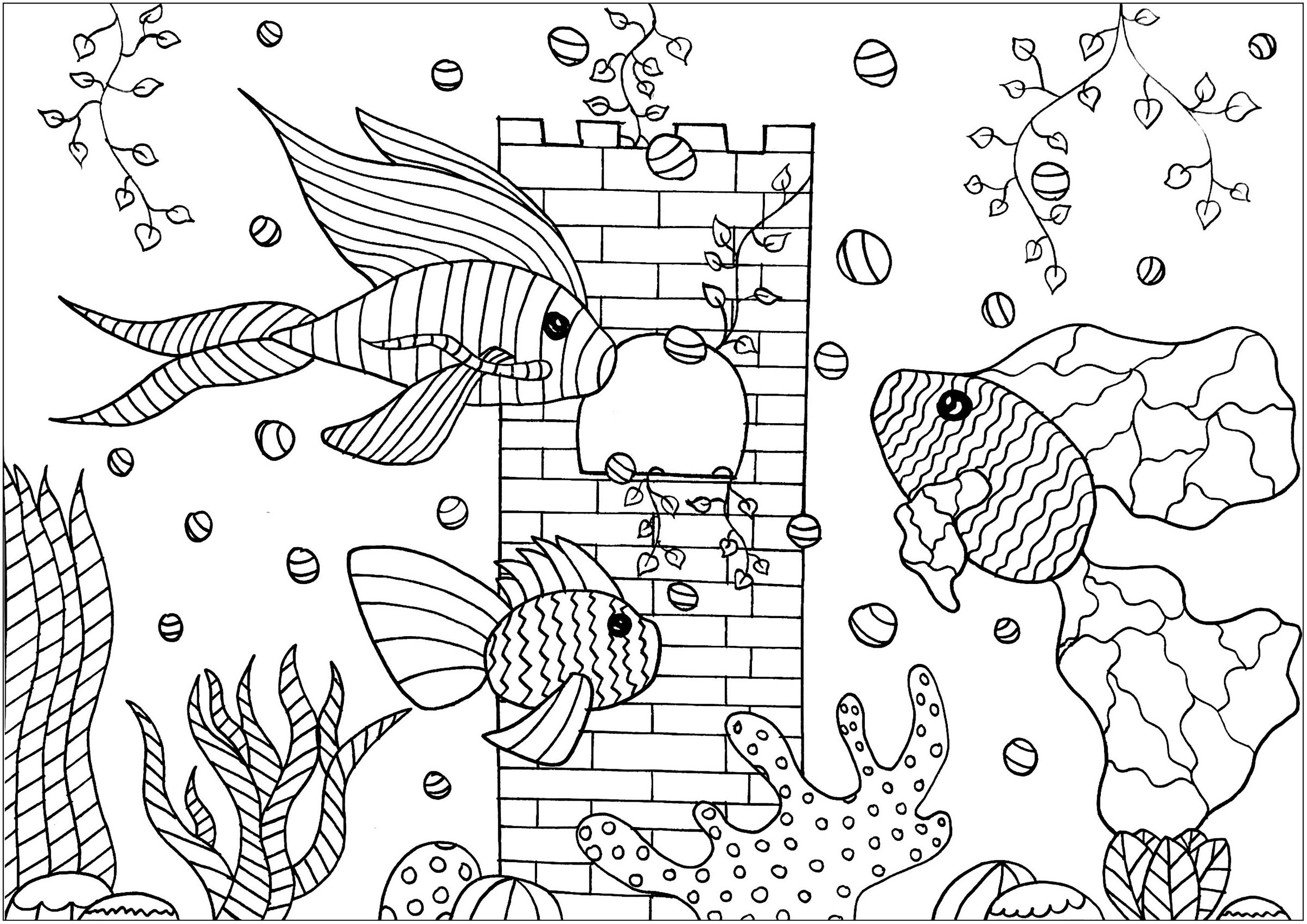Color these fish with simple patterns, swimming in their pretty aquarium, Artist : Amélie