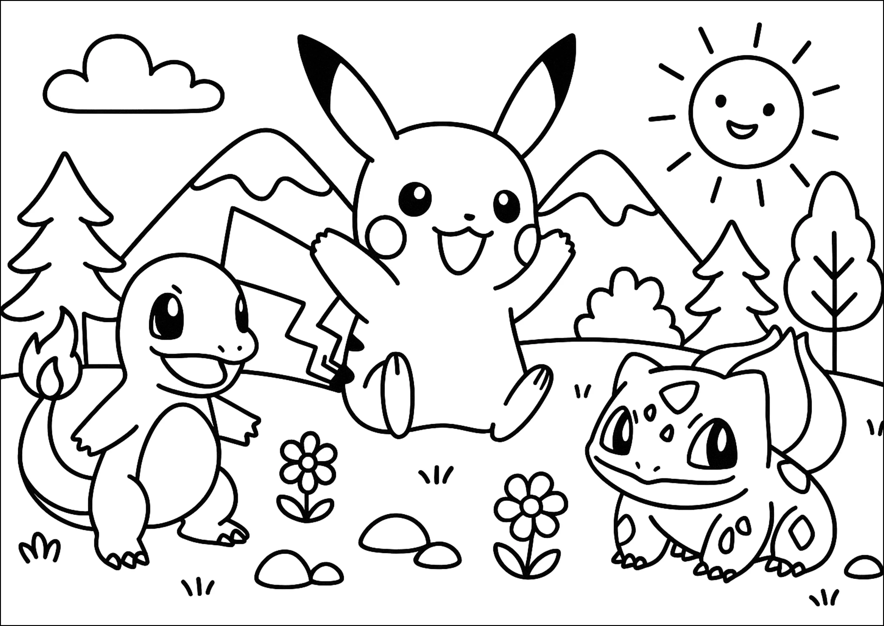 Pikachu and friends (Printable Pokemon Coloring Page for Kids)