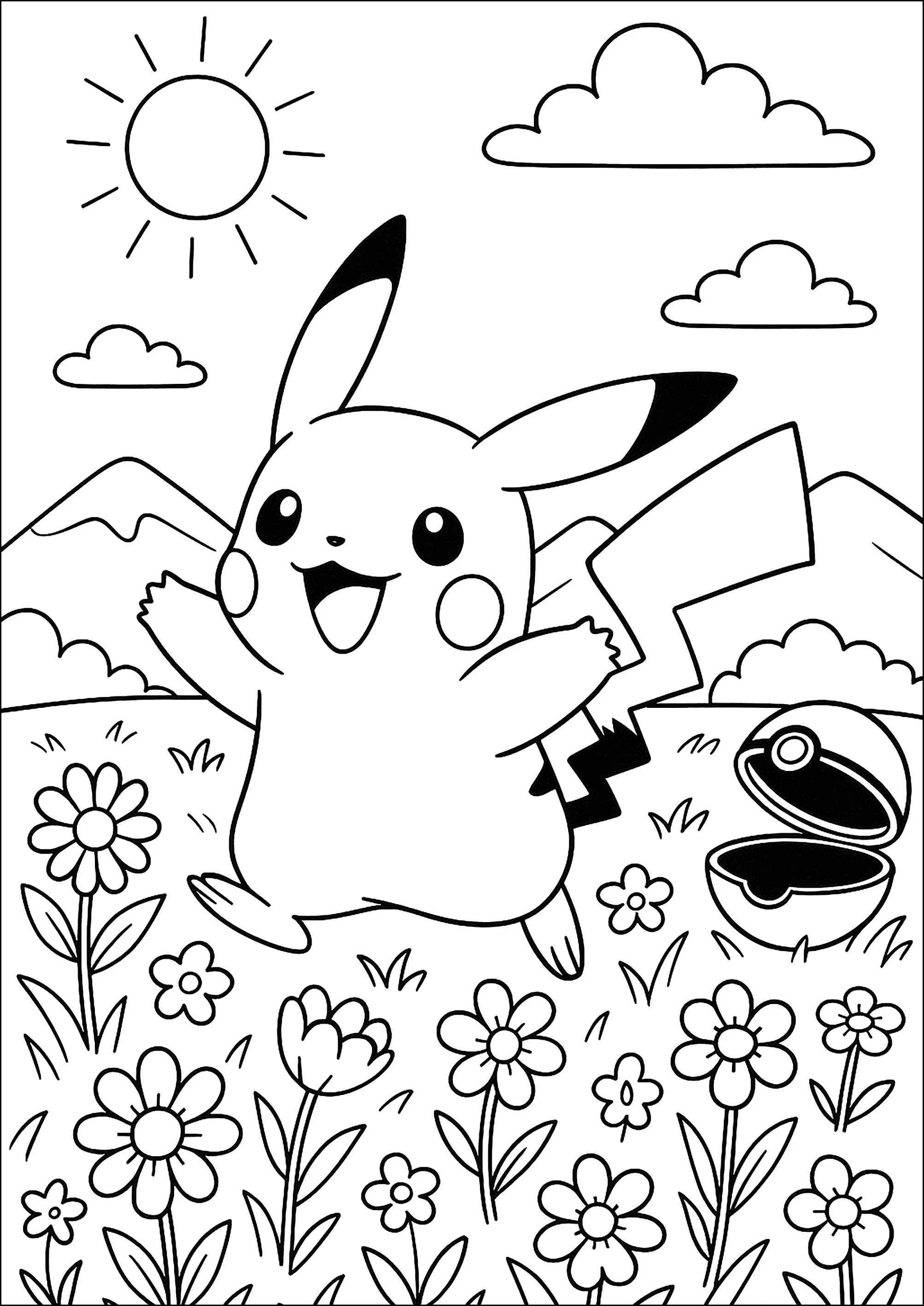 Pikachu has fun in Nature (Printable Pokemon Coloring Page for Kids)