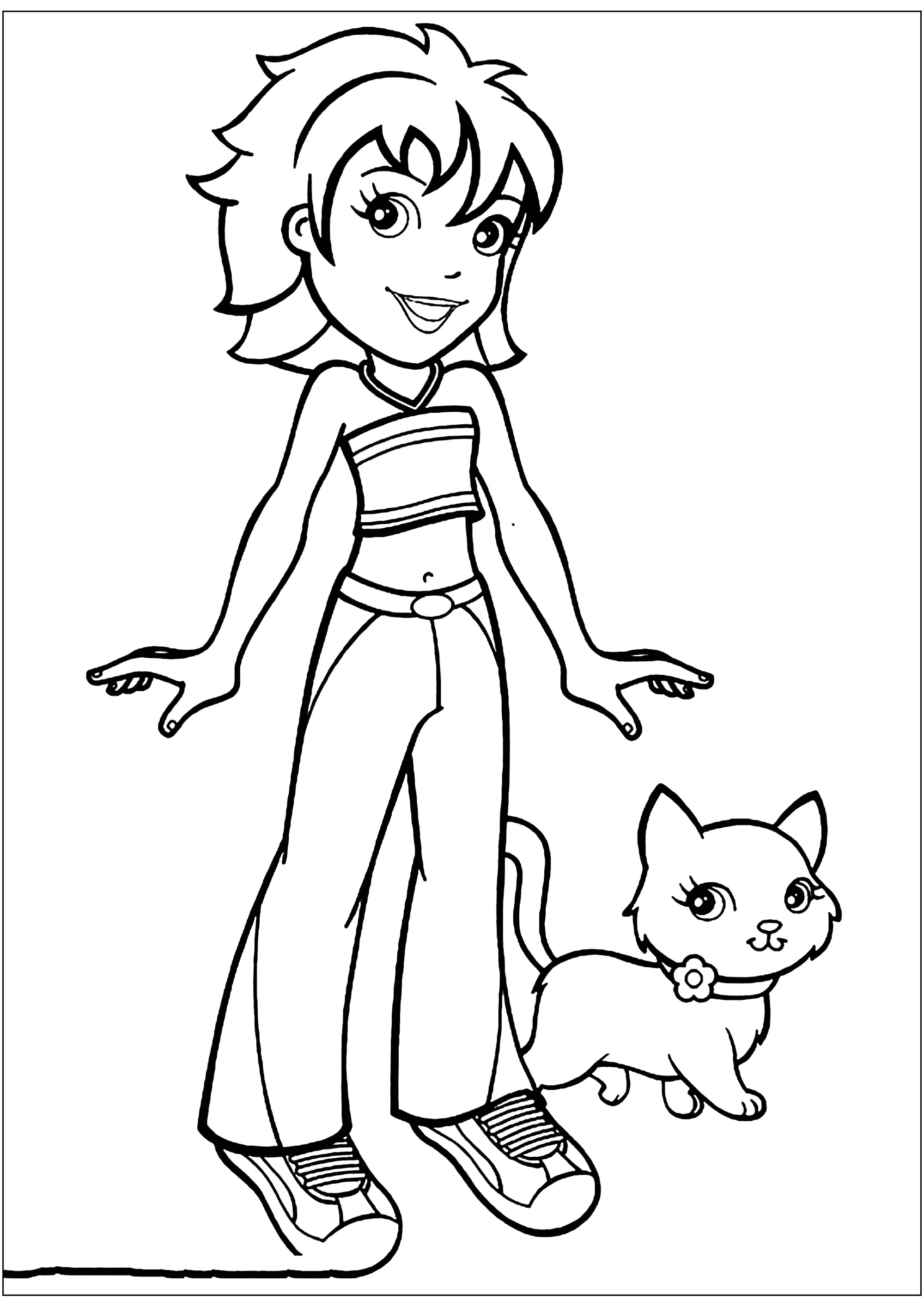 Girl and her cat (Printable Polly Pocket Coloring Page for Kids)