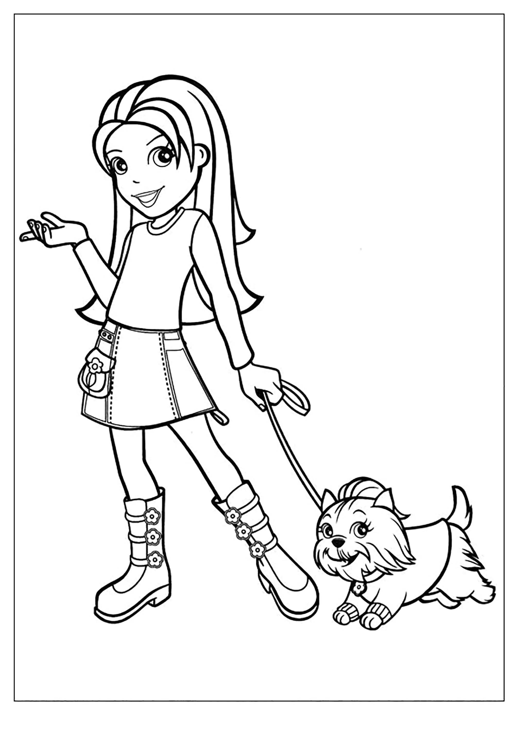 Girl and her dog (Printable Polly Pocket Coloring Page for Kids)