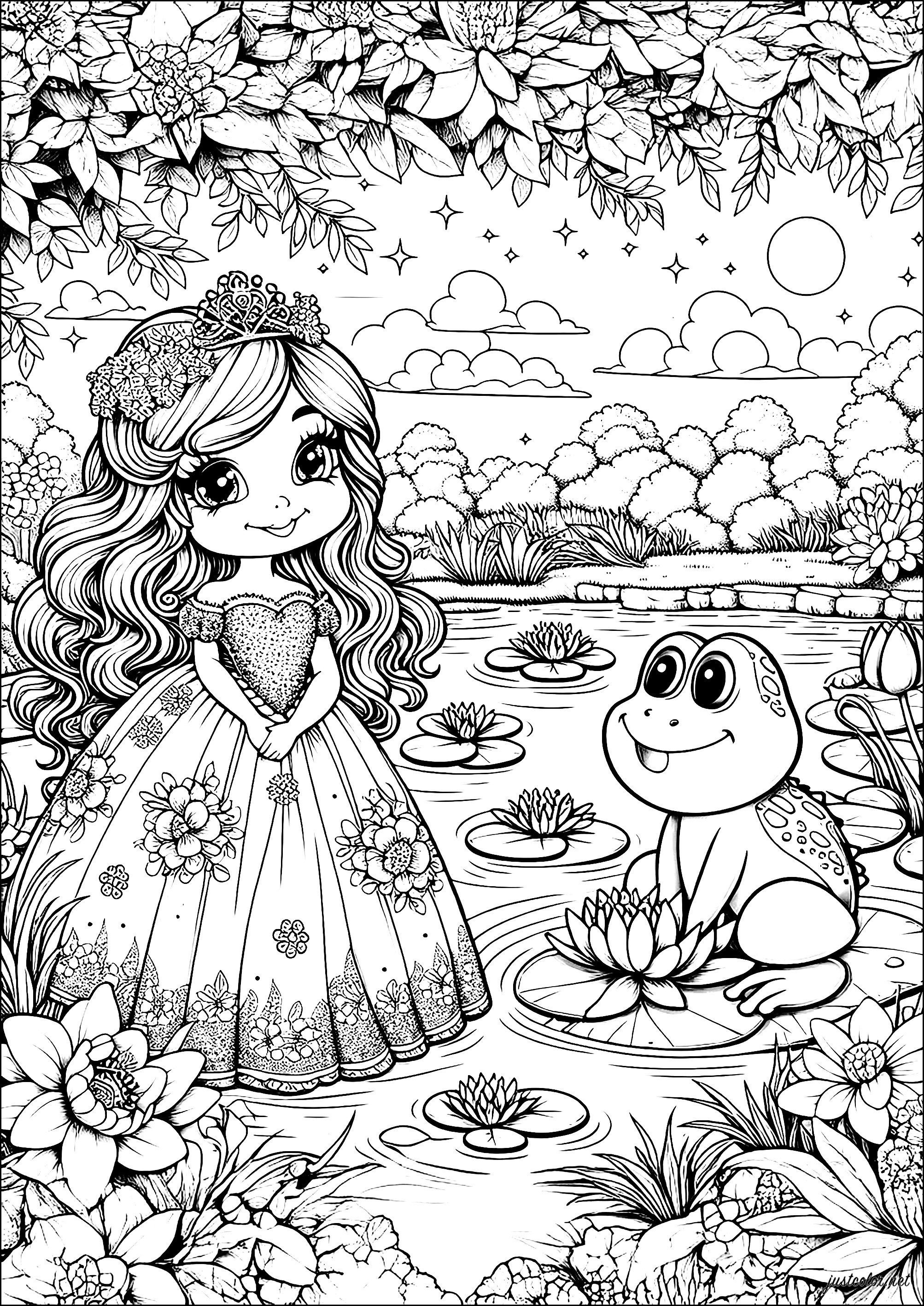 Princess and frog at the water's edge (Printable Princess Coloring Page for Kids)