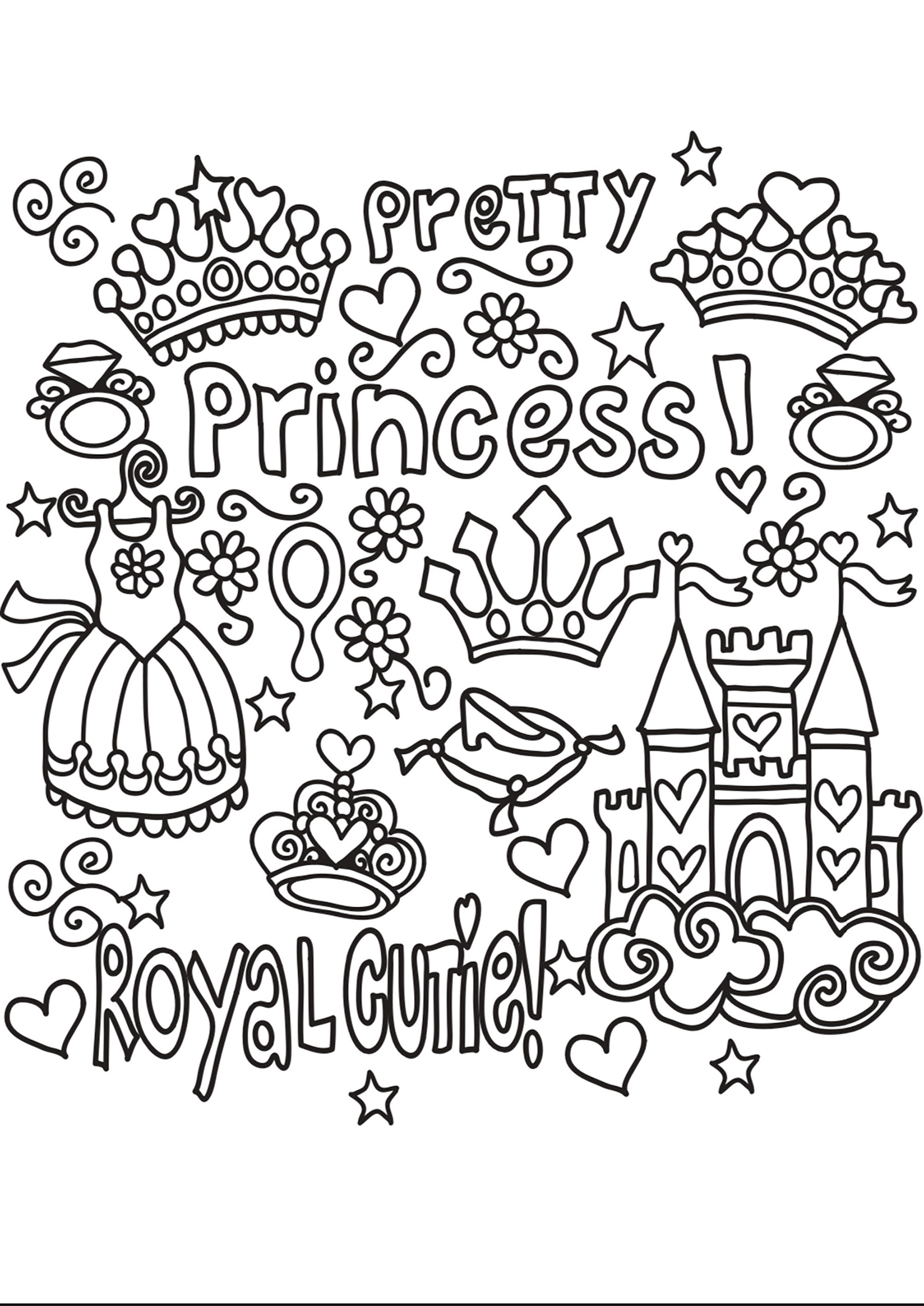 Doodle Princesse. Numerous objects and texts relating to princesses: castle, dress, crown ...