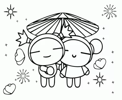 Under an umbrella (Printable Pucca Coloring Page for Kids)