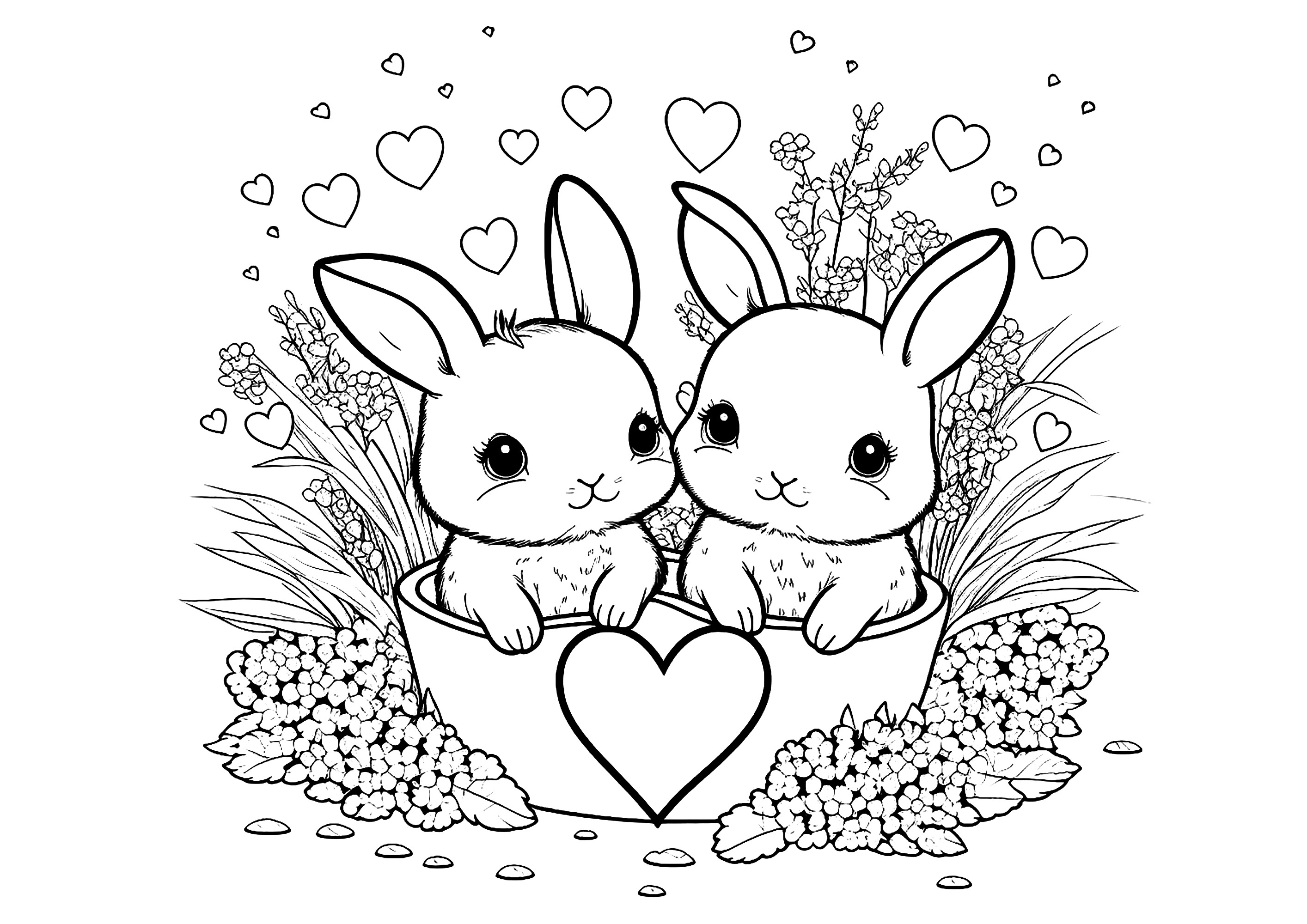 Two little bunnies to color, with a pretty heart in the middle of the two