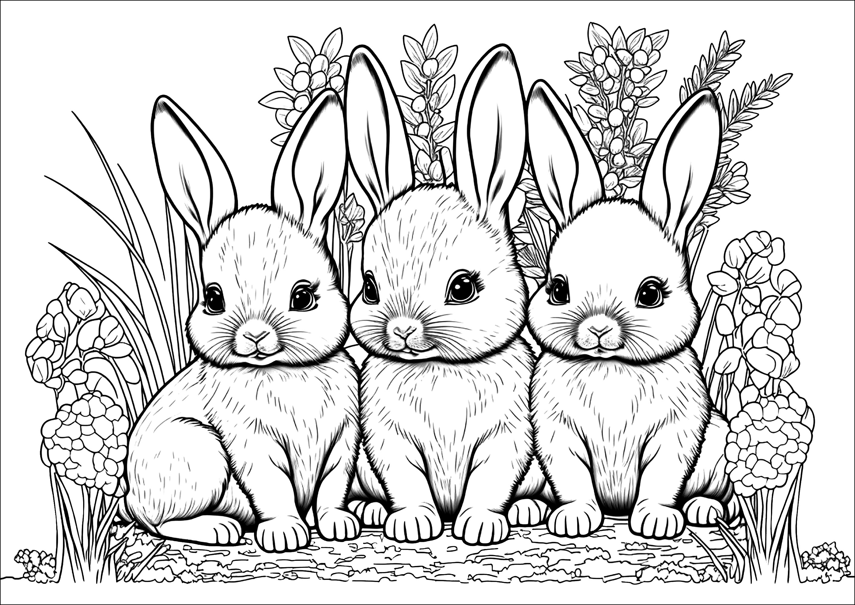 Cute bunnies to color, sitting quietly in front of a flowerbed. The bunnies are very realistic, and the flowers are very detailed and varied.