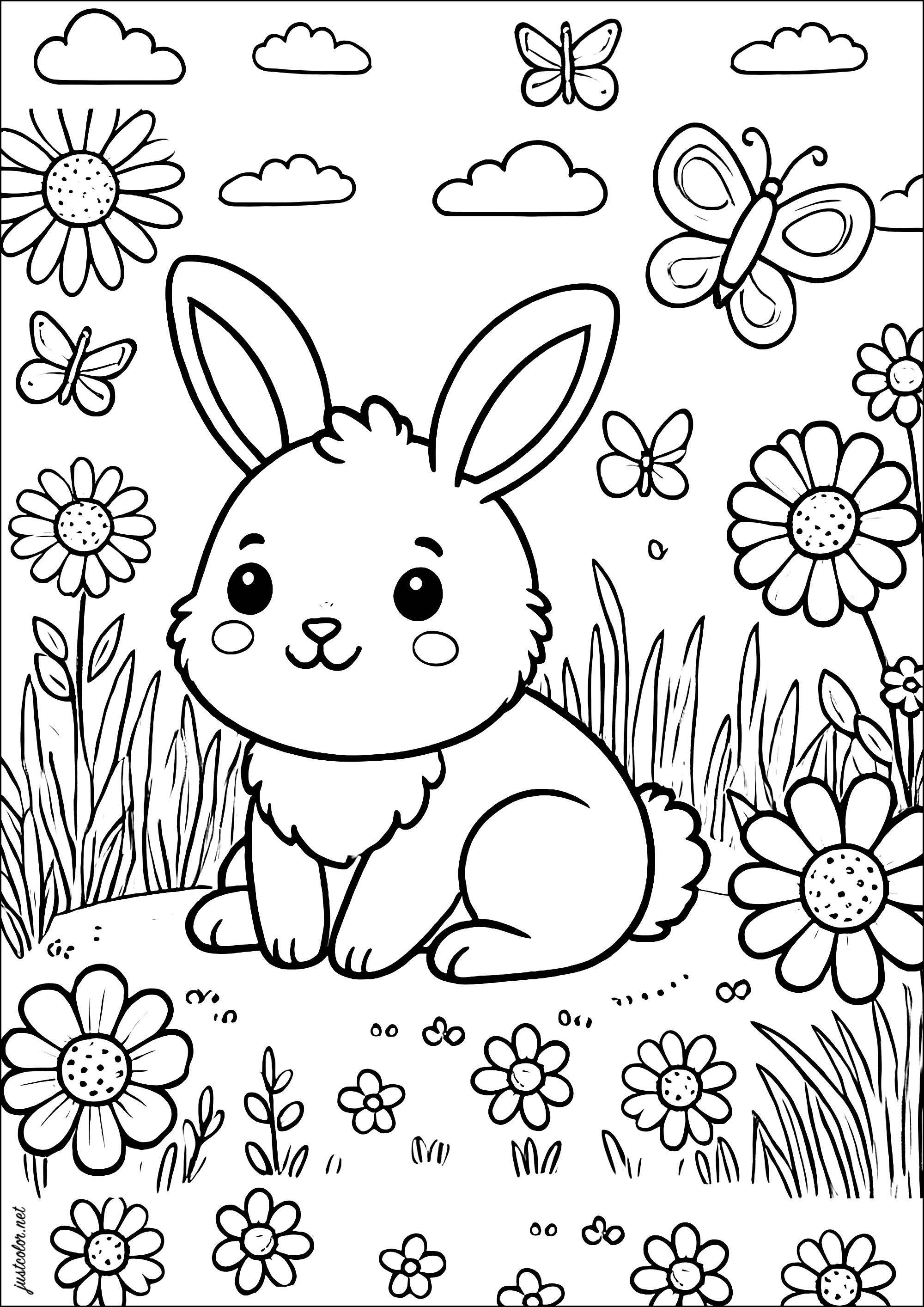 Beautiful little rabbit surrounded by flowers and butterflies Rabbit