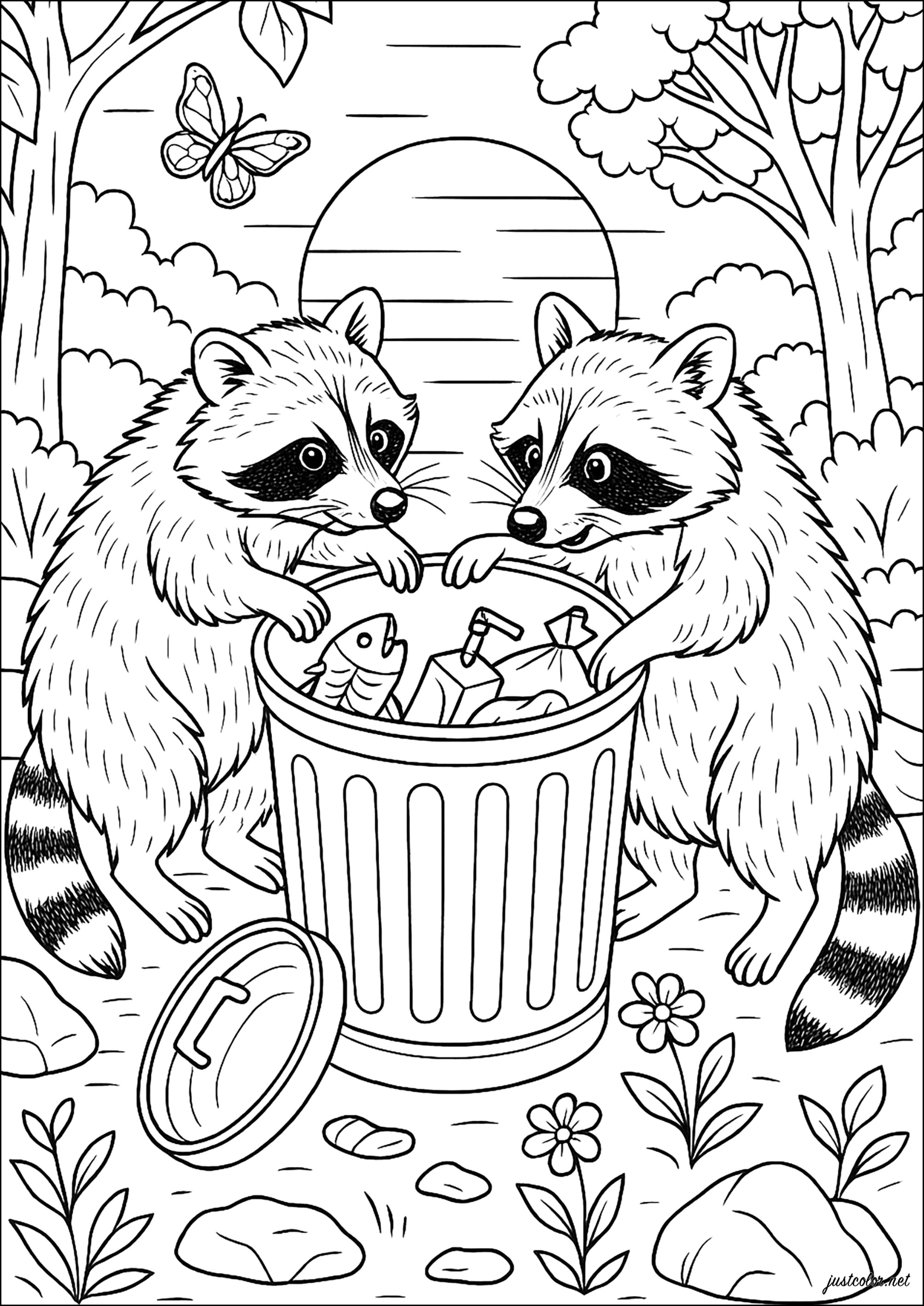 Curious raccoons at dusk - Raccoon Coloring Pages, image size:2006x2834