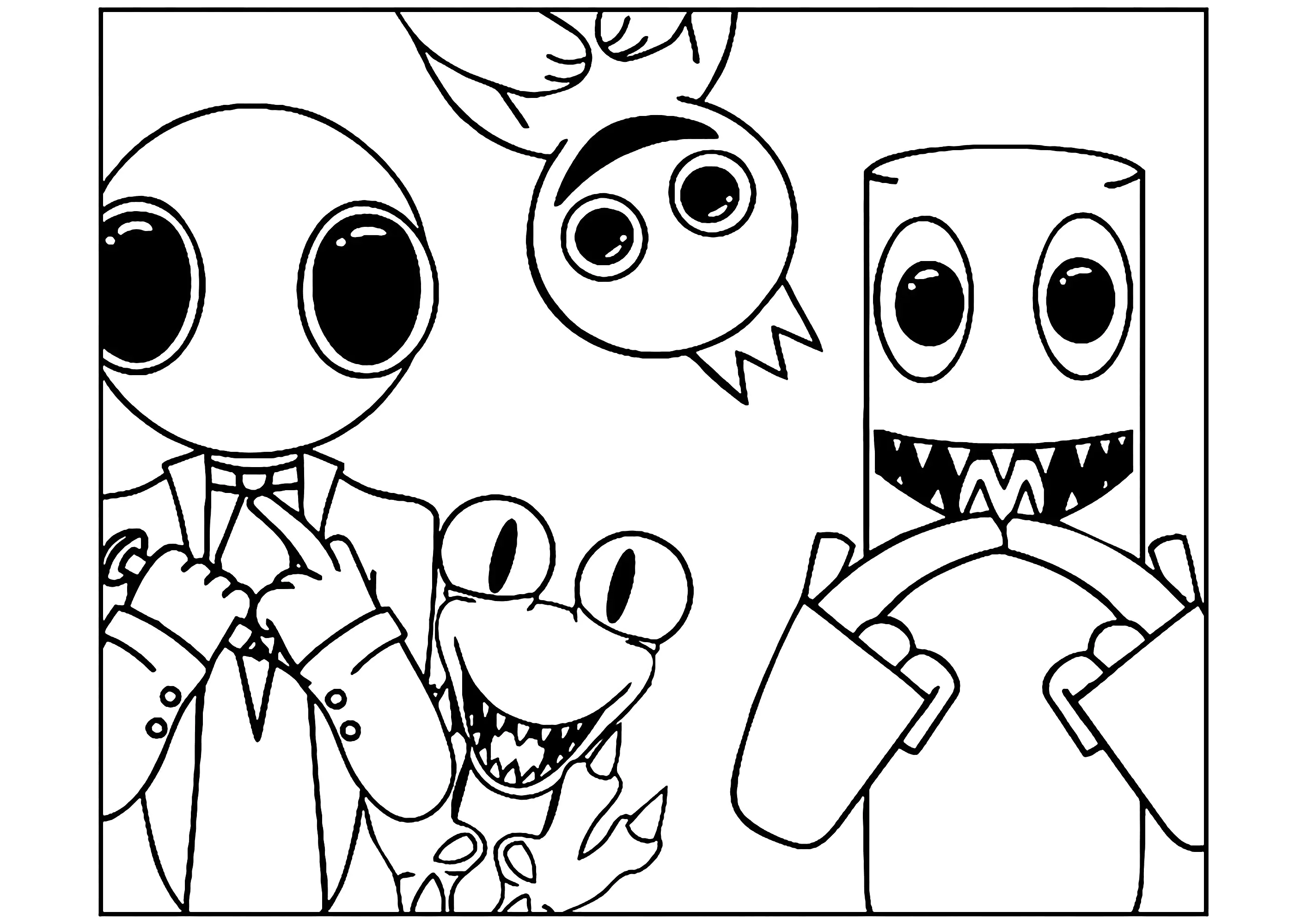 4 funny characters (Printable Rainbow friends Coloring Page for Kids)