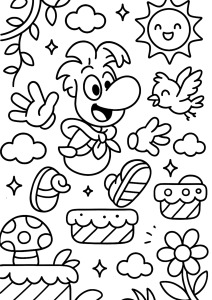 Cheerful character with a flying bird