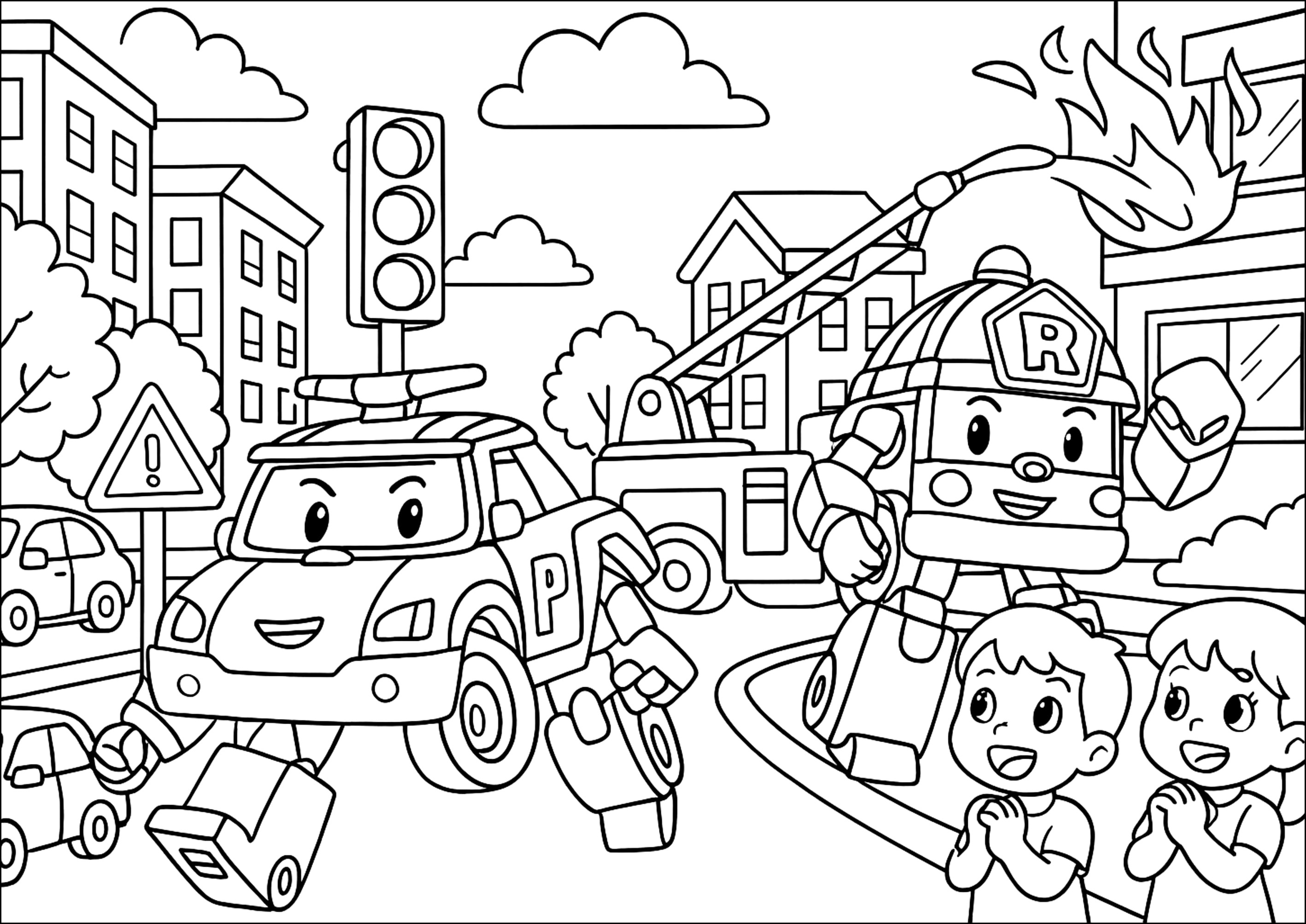 Poli and Roy on a rescue mission (Printable Robocar Poli Coloring Page for Kids)