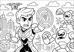 Epic combat in a futuristic city (Robot Coloring Page)