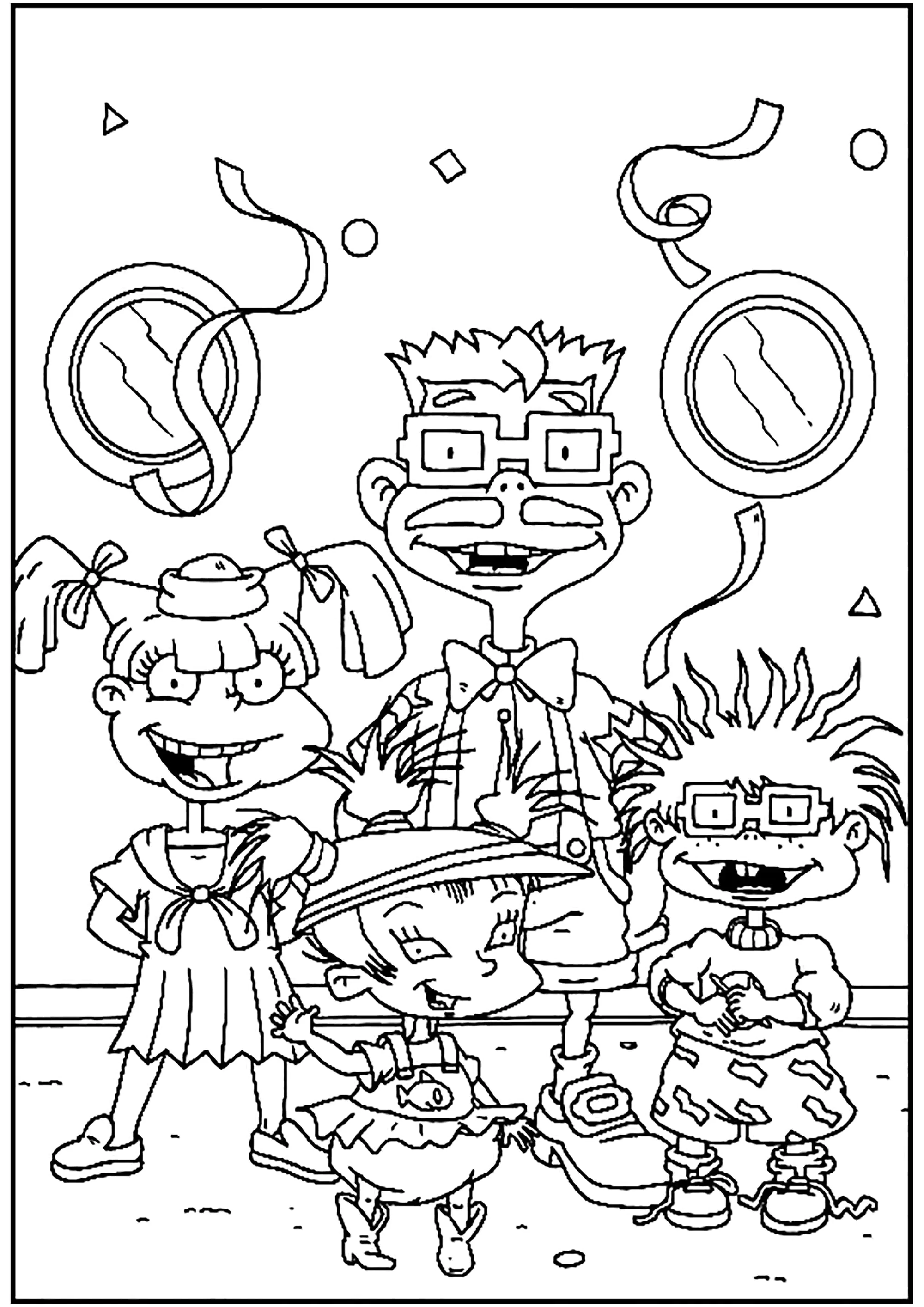 Chas Finster with his son Charles Crandall, his daughter Kimi, and Angelica Pickles (Printable Rugrats Coloring Page for Kids)