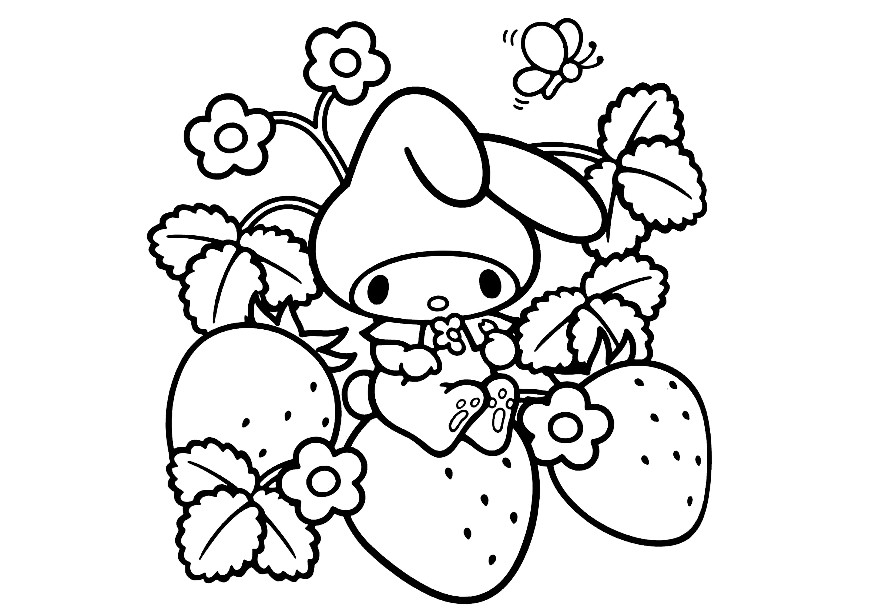 My Melody and pretty strawberries (Printable Sanrio Coloring Page for Kids)