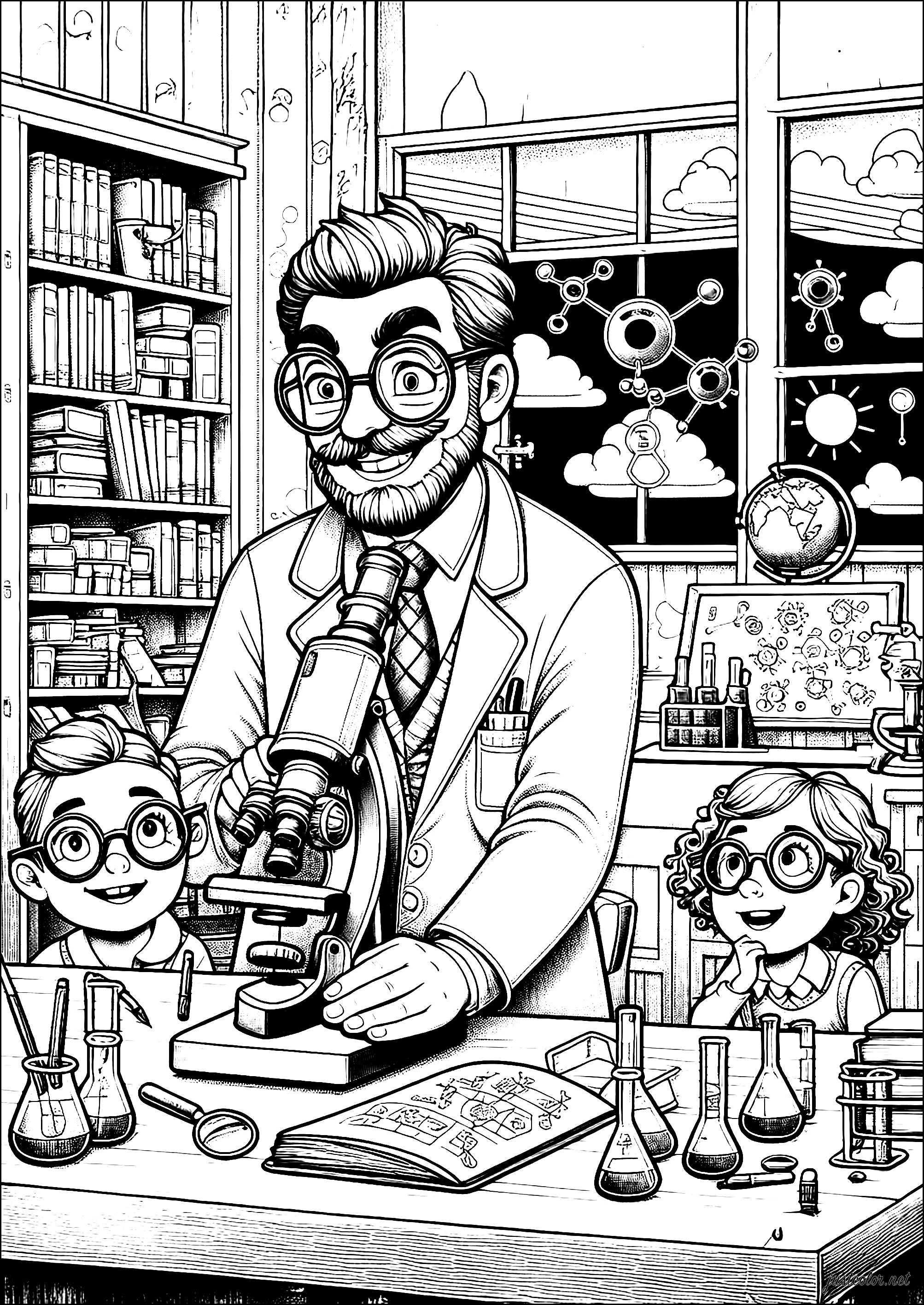 Scientific experiments with curious children (Printable Science Coloring Page for Kids)