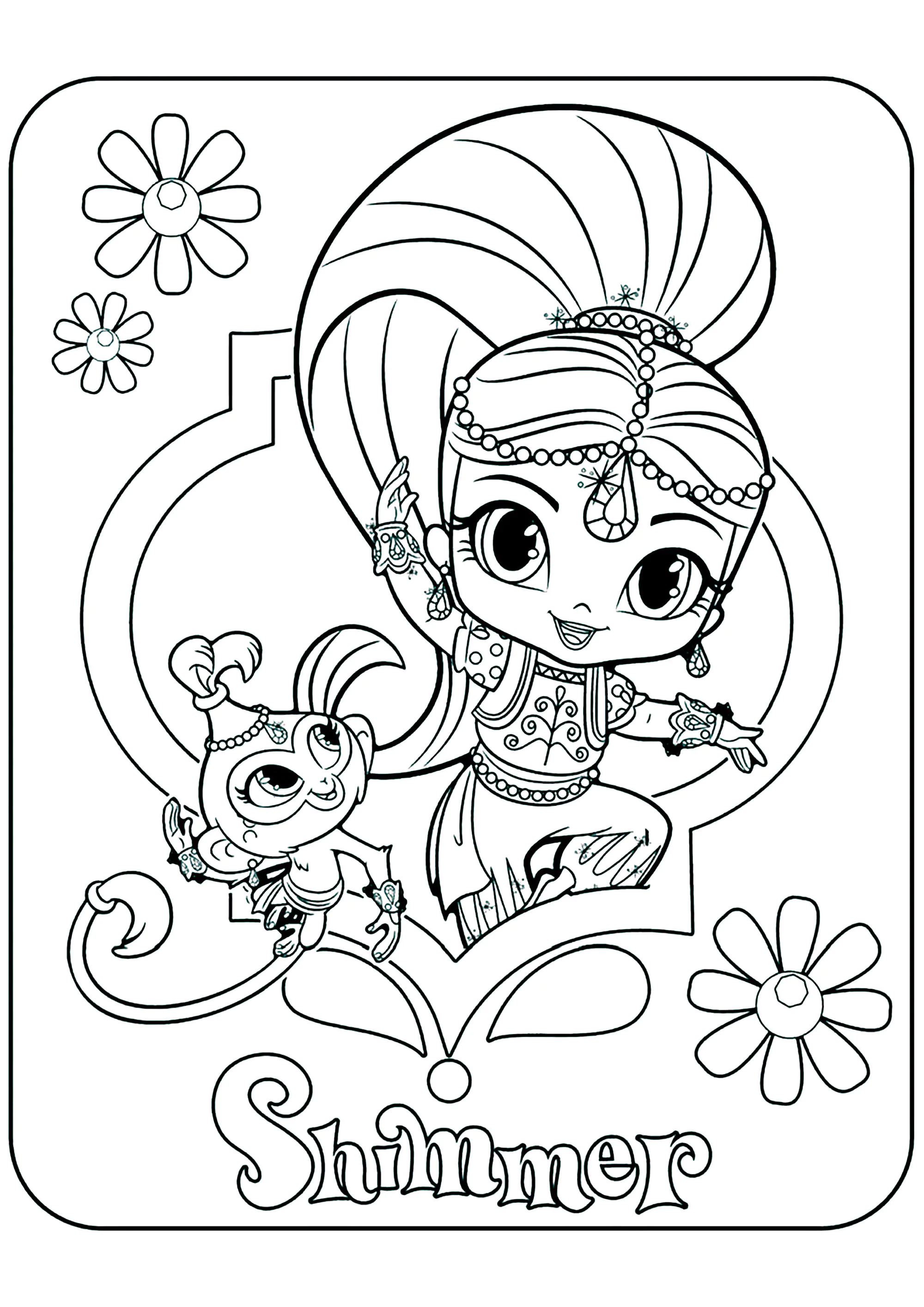 Shimmer and his little monkey friend Tala (Printable Shimmer And Shine Coloring Page for Kids)