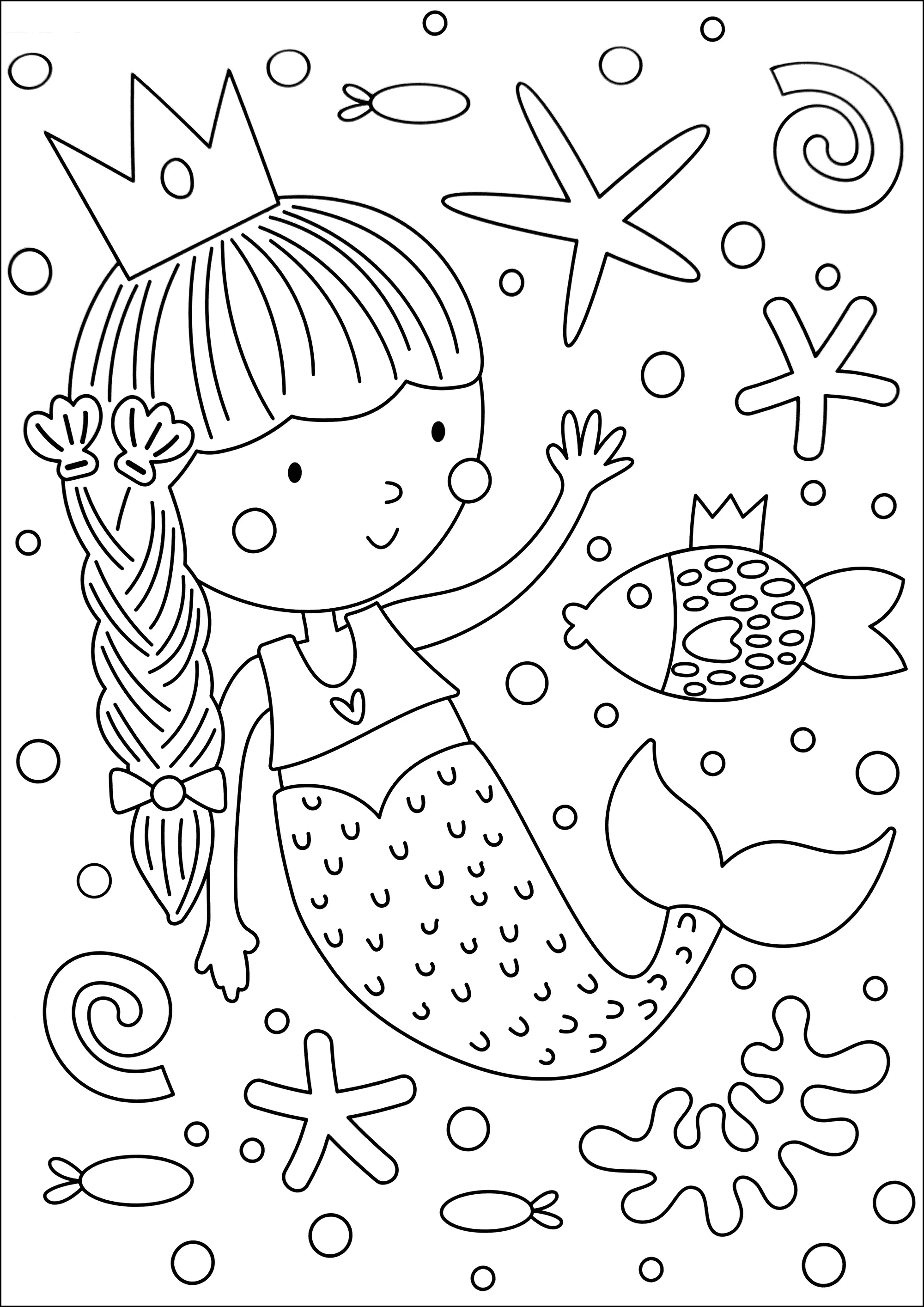 Pretty mermaid on the seabed (Printable Coloring Page for Kids)