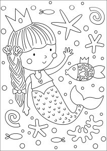 Printable Coloring Page for Kids : Pretty mermaid on the seabed