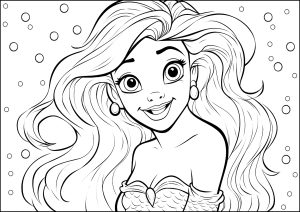 Printable Coloring Page for Kids : Pretty young mermaid surrounded by air bubbles