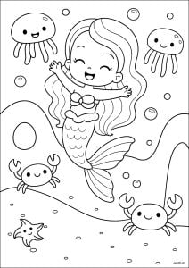 Jolie sirène and her crab and jellyfish friends (Mermaid Coloring Page)