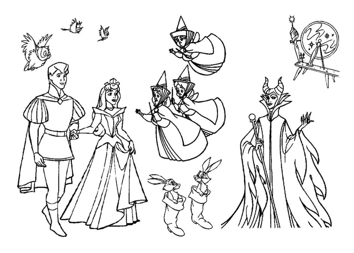 All the characters together: Aurora, the prince, the fairy godmothers, and the wicked witch!