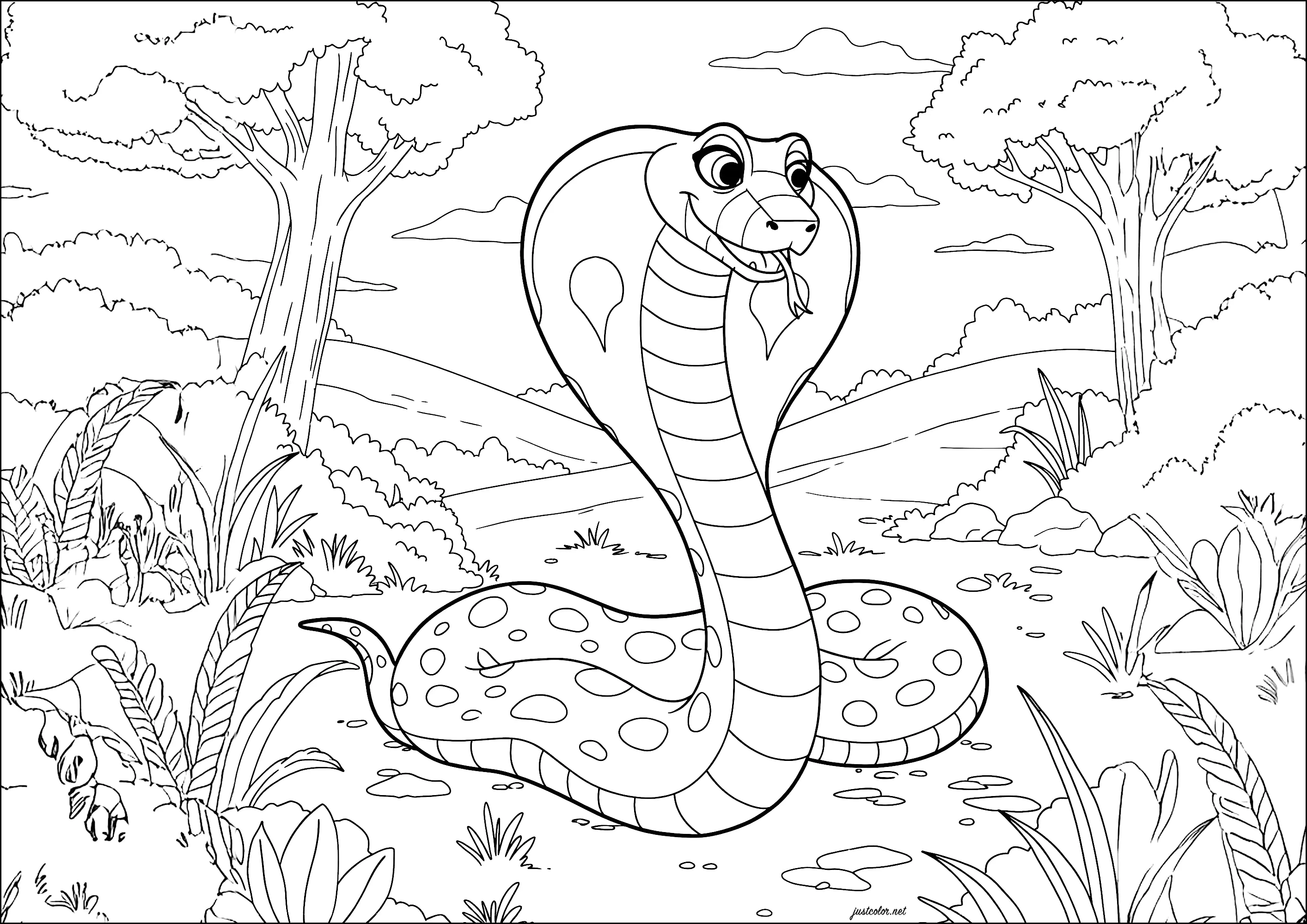 Cobra in the forest (Printable Snake Coloring Page for Kids)