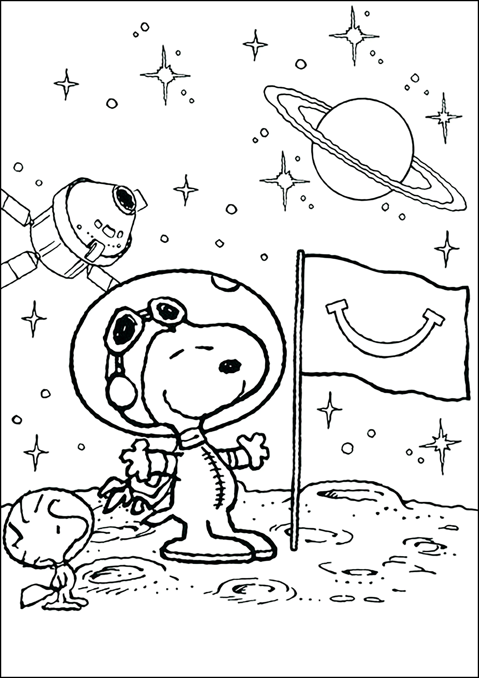 Snoopy the astronaut discovers the moon with Woodstock (Printable Coloring Page for Kids)