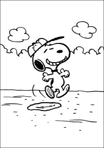 Snoopy hopping around, wearing a cap