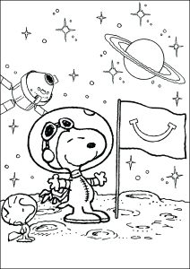 Snoopy the astronaut discovers the moon with Woodstock