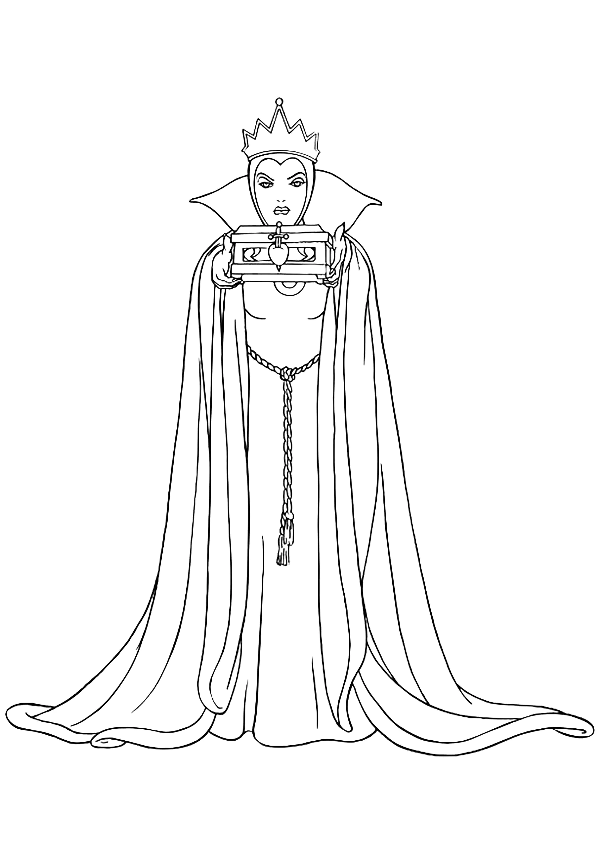 Snow White's Evil Queen with the chest that was supposed to contain Snow White's heart (Printable Coloring Page for Kids)
