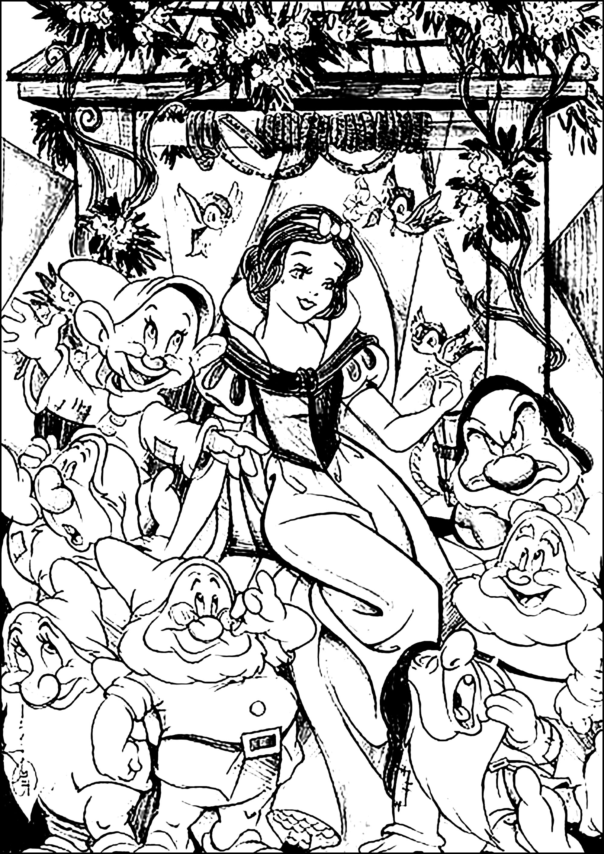 Snow White and the Seven Dwarfs in a pretty picture (Coloring Page) Snow White and the Seven Dwarfs in a pretty picture (Printable Coloring Page for Kids)