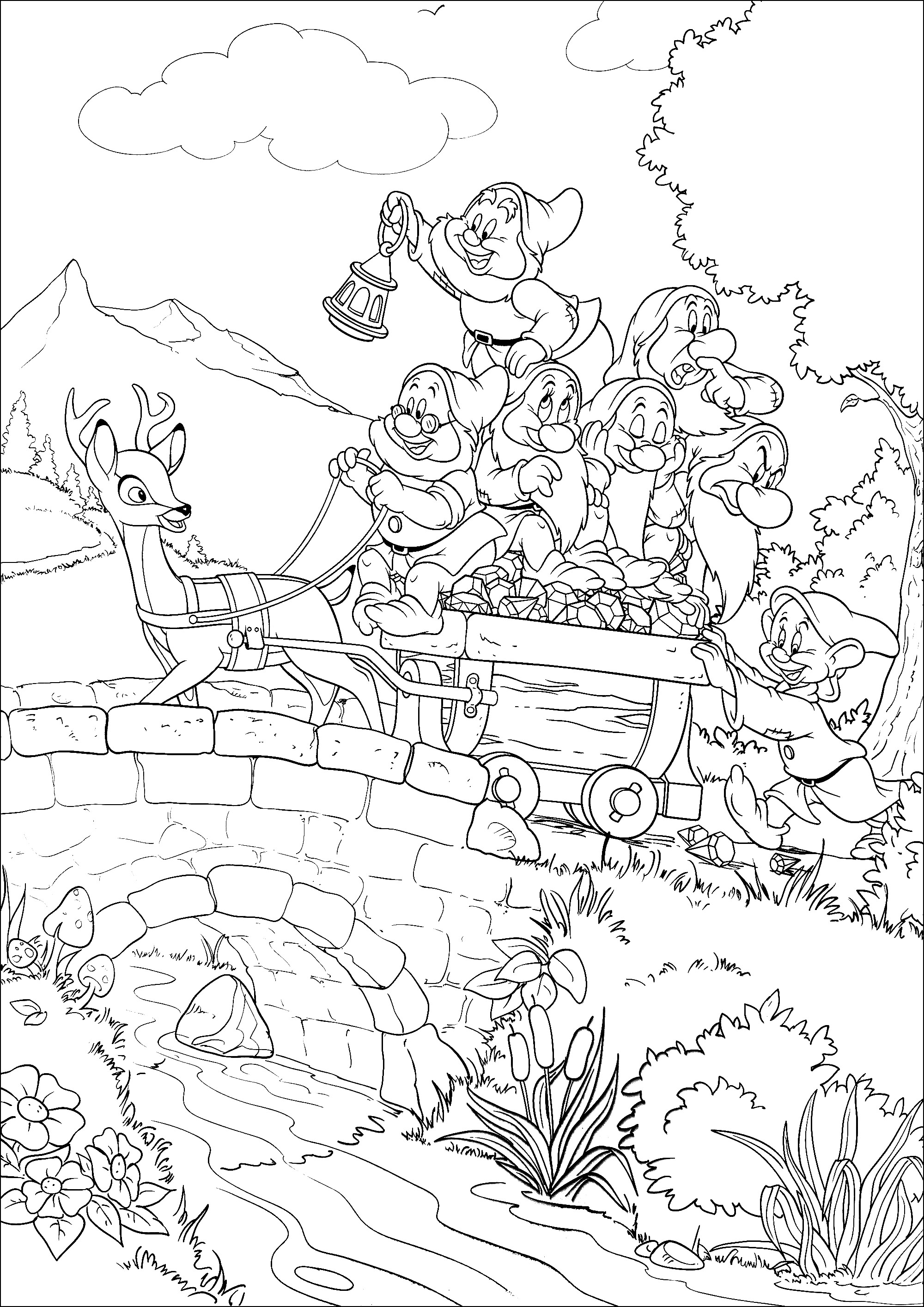 The Seven Dwarfs on a cart crossing a bridge (Snow White Coloring Page) The Seven Dwarfs on a cart crossing a bridge (Printable Snow White Coloring Page for Kids)