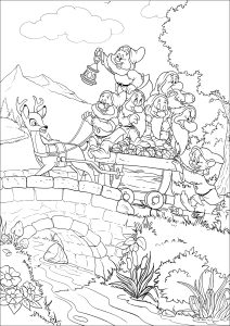 The Seven Dwarfs on a cart crossing a bridge