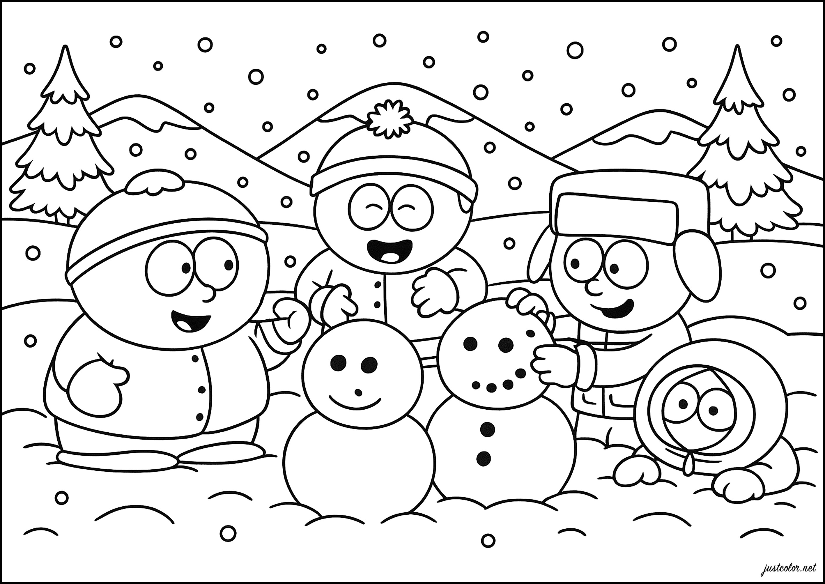 Creating snowmen (Printable South Park Coloring Page for Kids)
