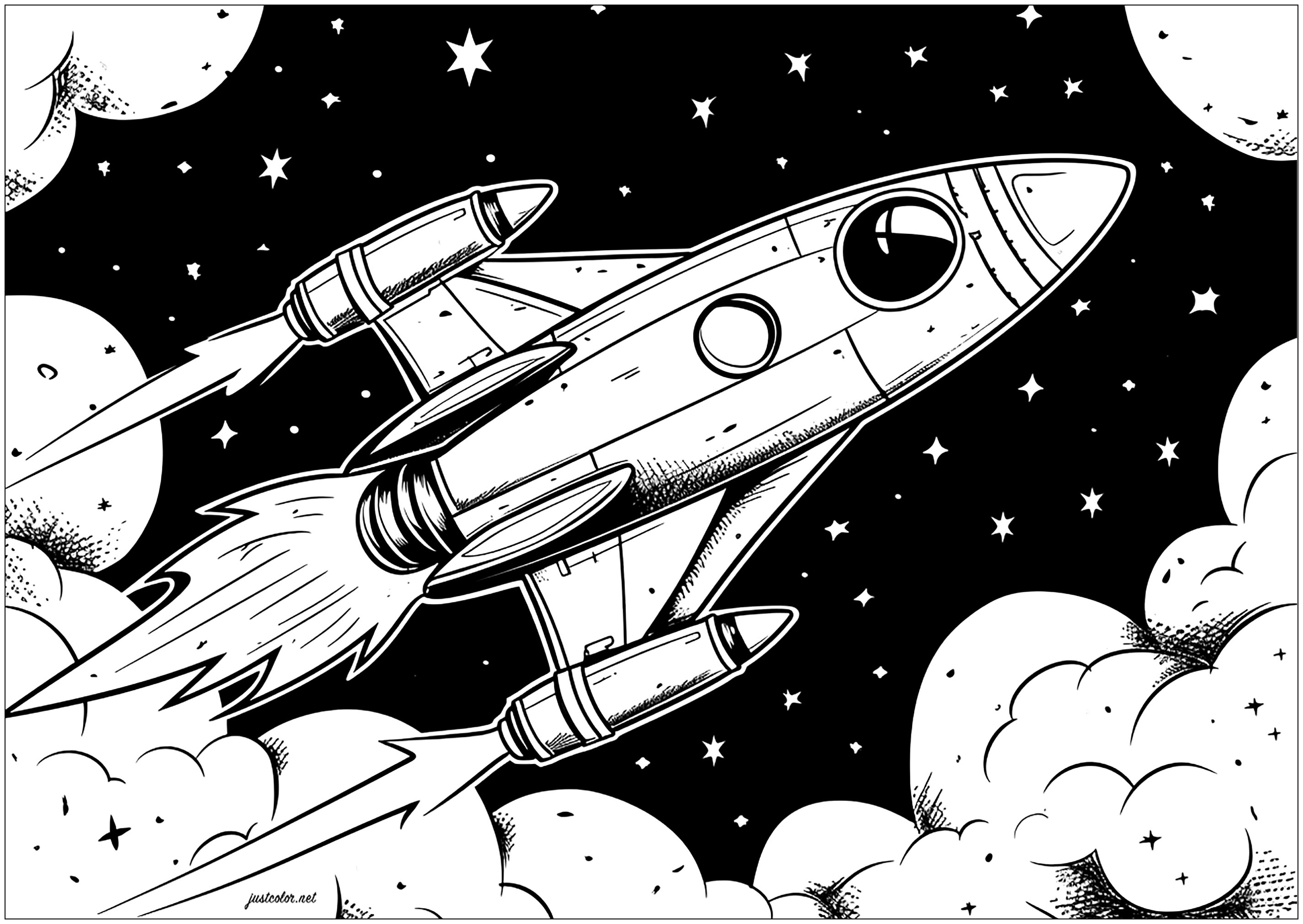 A rocket hurtling through space (Coloring Page) A rocket hurtling through space (Printable Coloring Page for Kids)