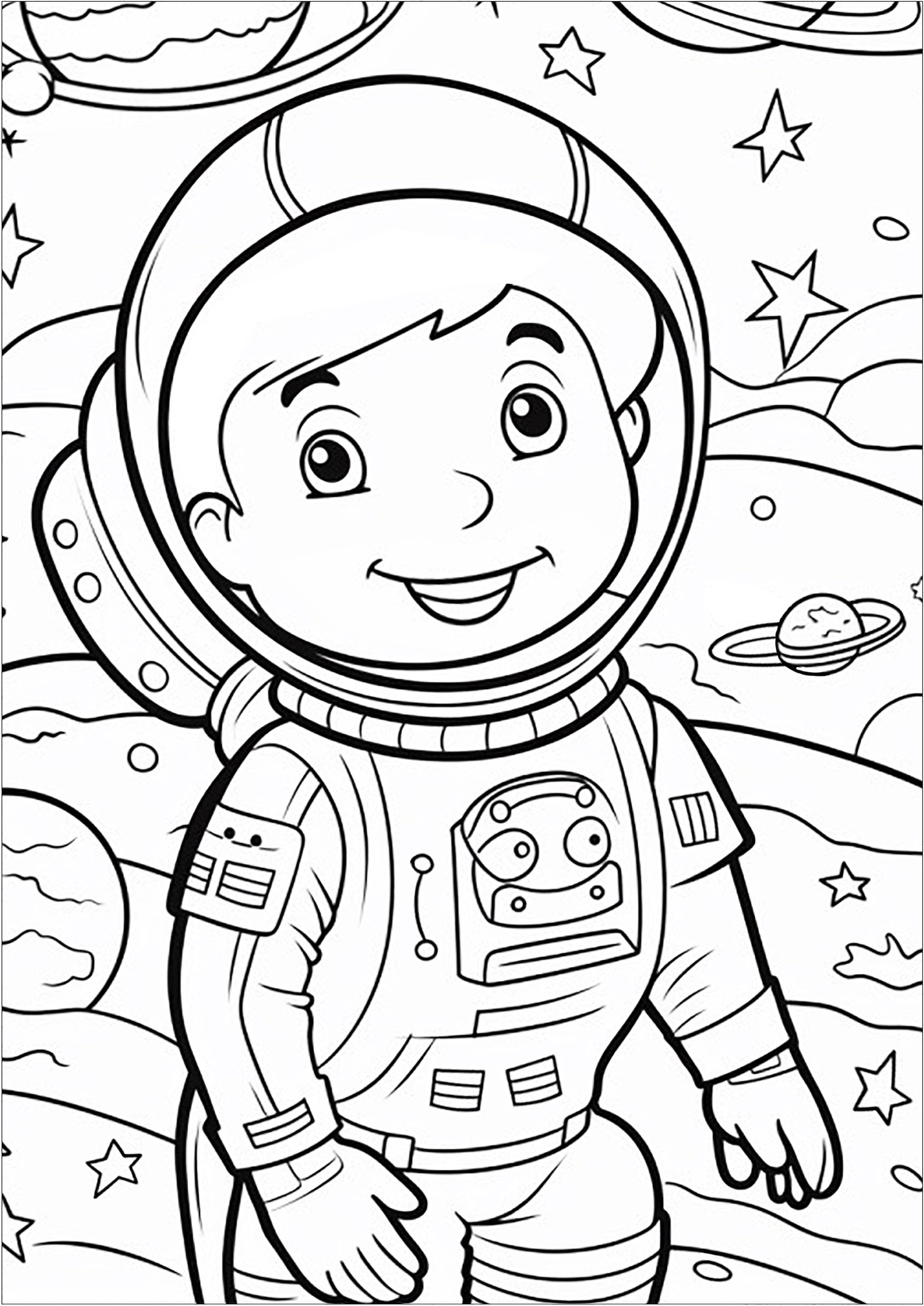 Young astronaut surrounded by planets and stars. This coloring page is perfect for kids who dream of space! It represents a little astronaut exploring the universe.